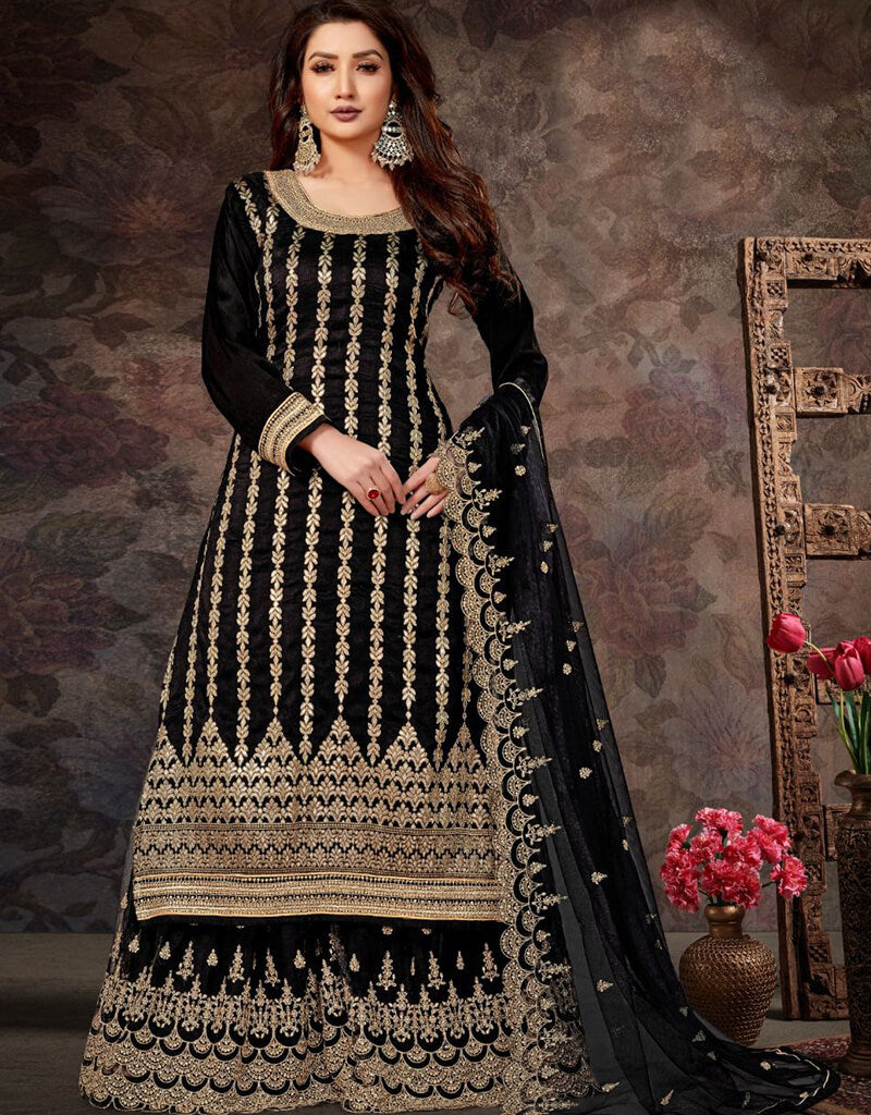 Elegant Black Dola Jacquard Sharara Suit for Women - Traditional Indian Ethnic Wear for Weddings, Festivals & Special Occasions