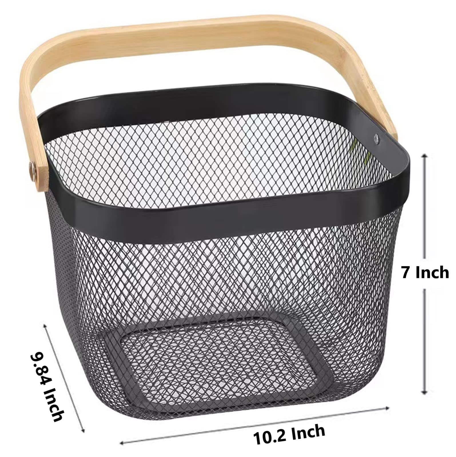 2 Pack Black Metal Mesh Steel Baskets with Wood Handles - Multi-Purpose Storage Organizer for Kitchen, Bathroom, Picnic & Home Decor - Perfect for Fruits, Vegetables, Spices & Household Items