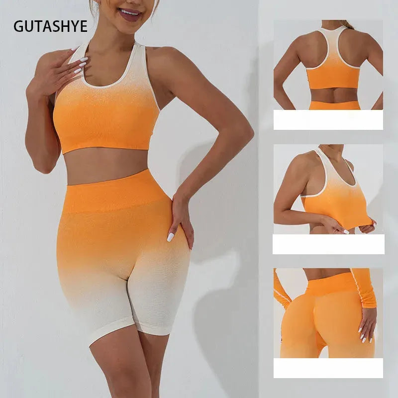 Seamless Women's Yoga Set - Workout Tracksuit Sportswear Gym Clothing with Long Sleeve Crop Top & High Waist Leggings - Gradient Fitness Outfit for Yoga, Pilates, Running & Gym Training