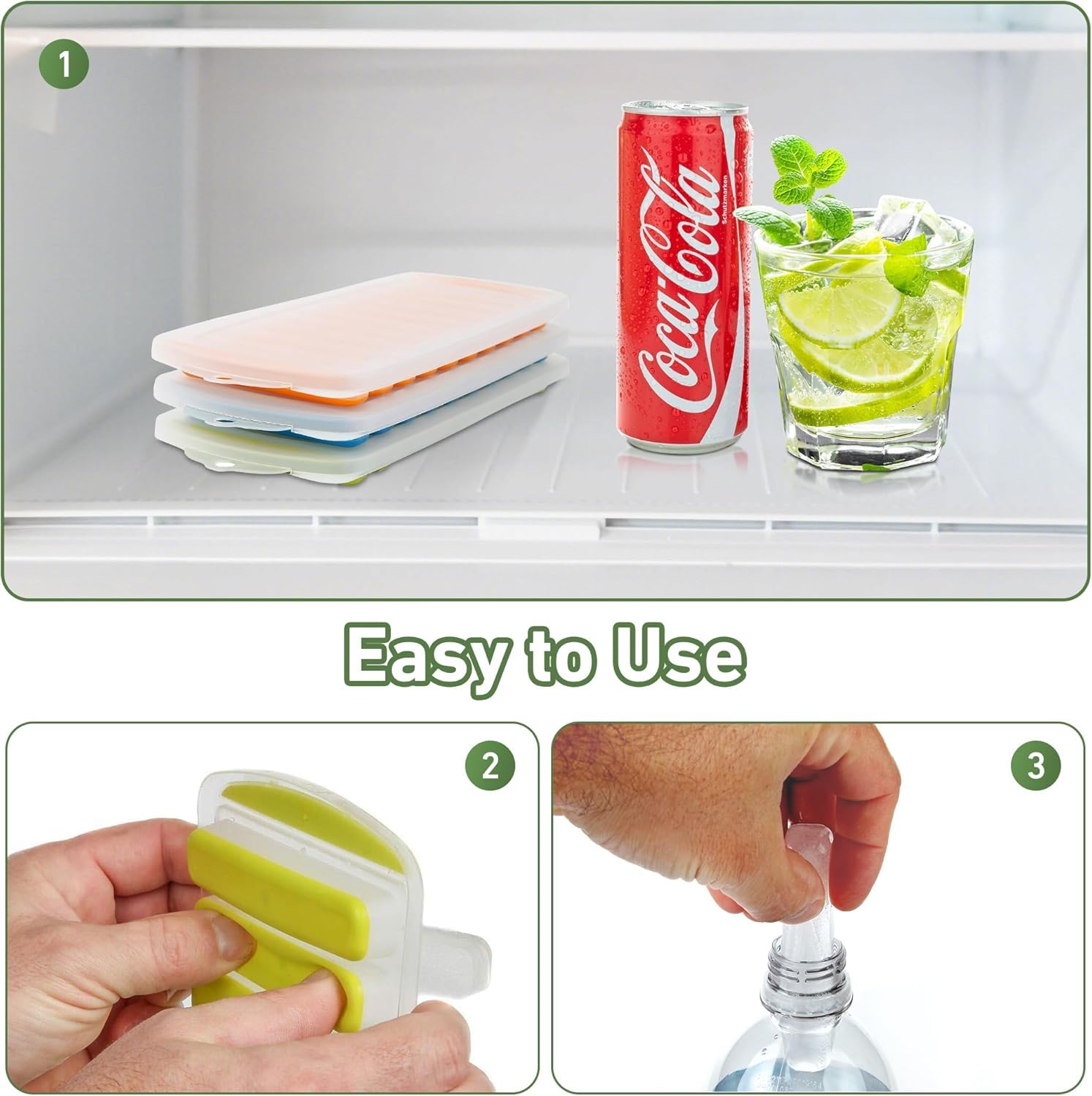 Lily's Home Silicone Ice Cube Tray Set - 3-Piece Quick Freeze Ice Trays with Lids, Makes 30 Cubes (10 Slots Each) - Perfect for Cocktails, Iced Coffee & Beverage Cooling - BPA-Free Flexible Ice Cube Molds for Home & Bar Use