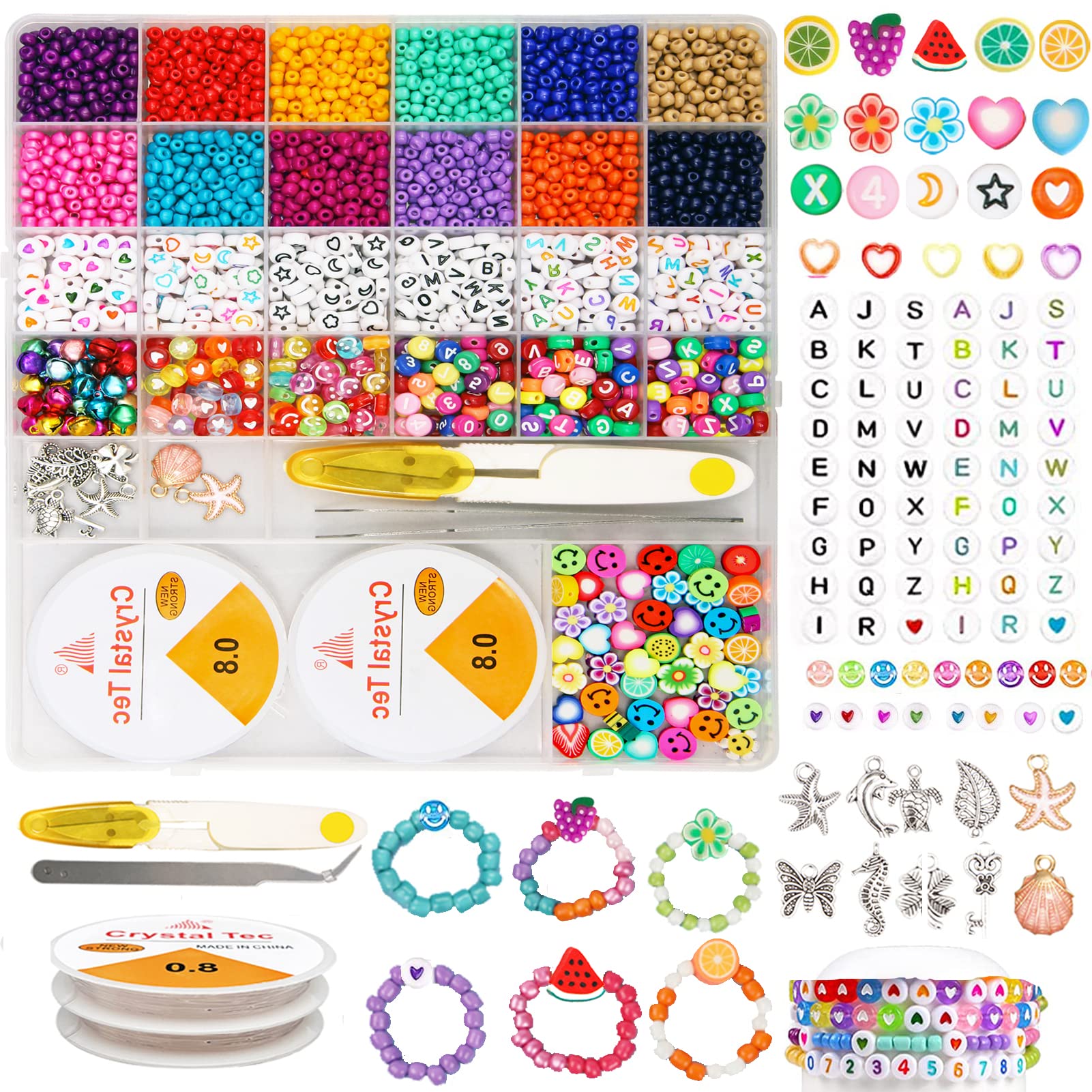 4mm DIY Glass Seed Beads Kit for Jewelry Making - Smiley Face, Alphabet, Flower & Fruit Beads - Complete Beading Supplies for Bracelets, Necklaces, Rings - Perfect for Creative Art Crafts, DIY Gifts & Boho Fashion Accessories