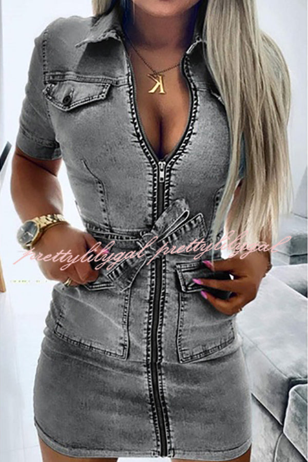 Stylish Tie Waist Zipped Pocket Denim Mini Dress for Women - Casual Outfit for Dating, Parties & Summer Fashion