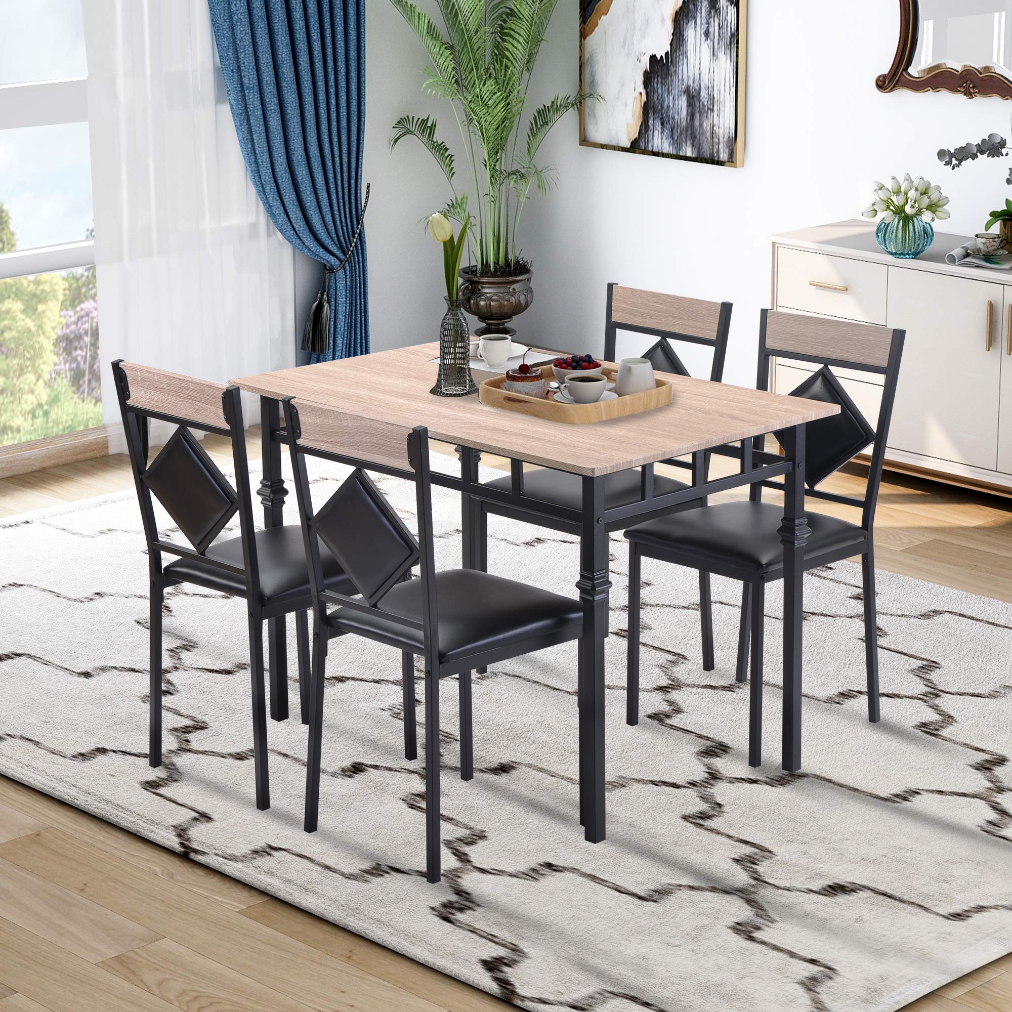 5-Piece Modern Dining Set - Metal Frame Wood Table & 4 Leather Chairs - 45.3