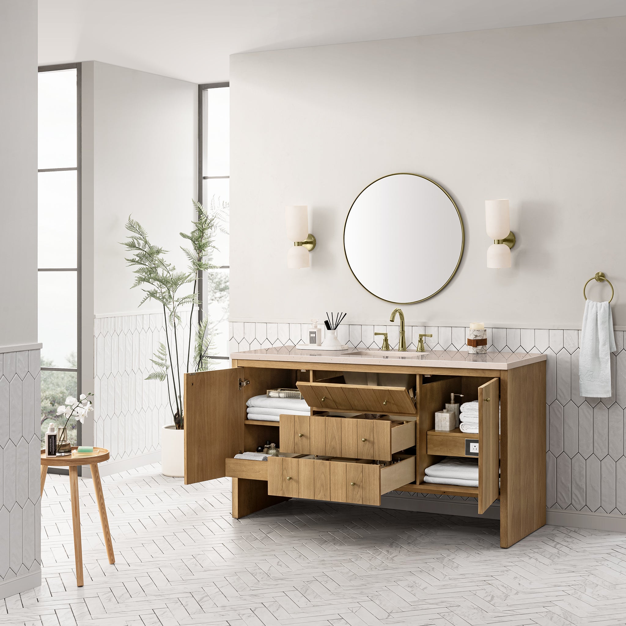 Hudson 60 Inch Single Bathroom Vanity in Light Natural Oak with 3CM Eternal Marfil Stone Top - Perfect for Modern Master Bathrooms & Powder Rooms