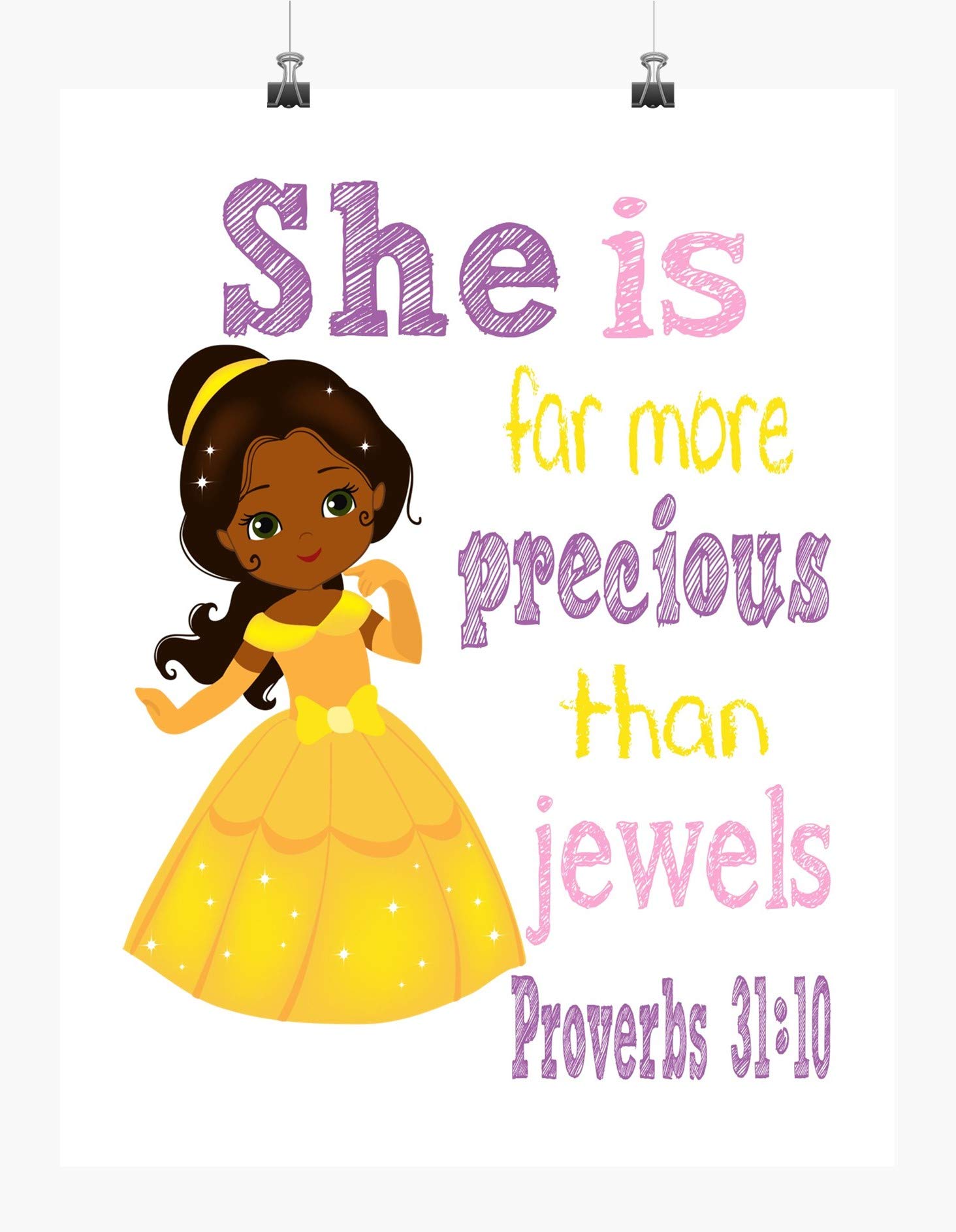 African American Belle Princess Christian Nursery Wall Art - Proverbs 31:10 Bible Verse Decor - 'She is More Precious Than Jewels' - Perfect for Baby Girl Room, Sunday School & Christian Home Decor