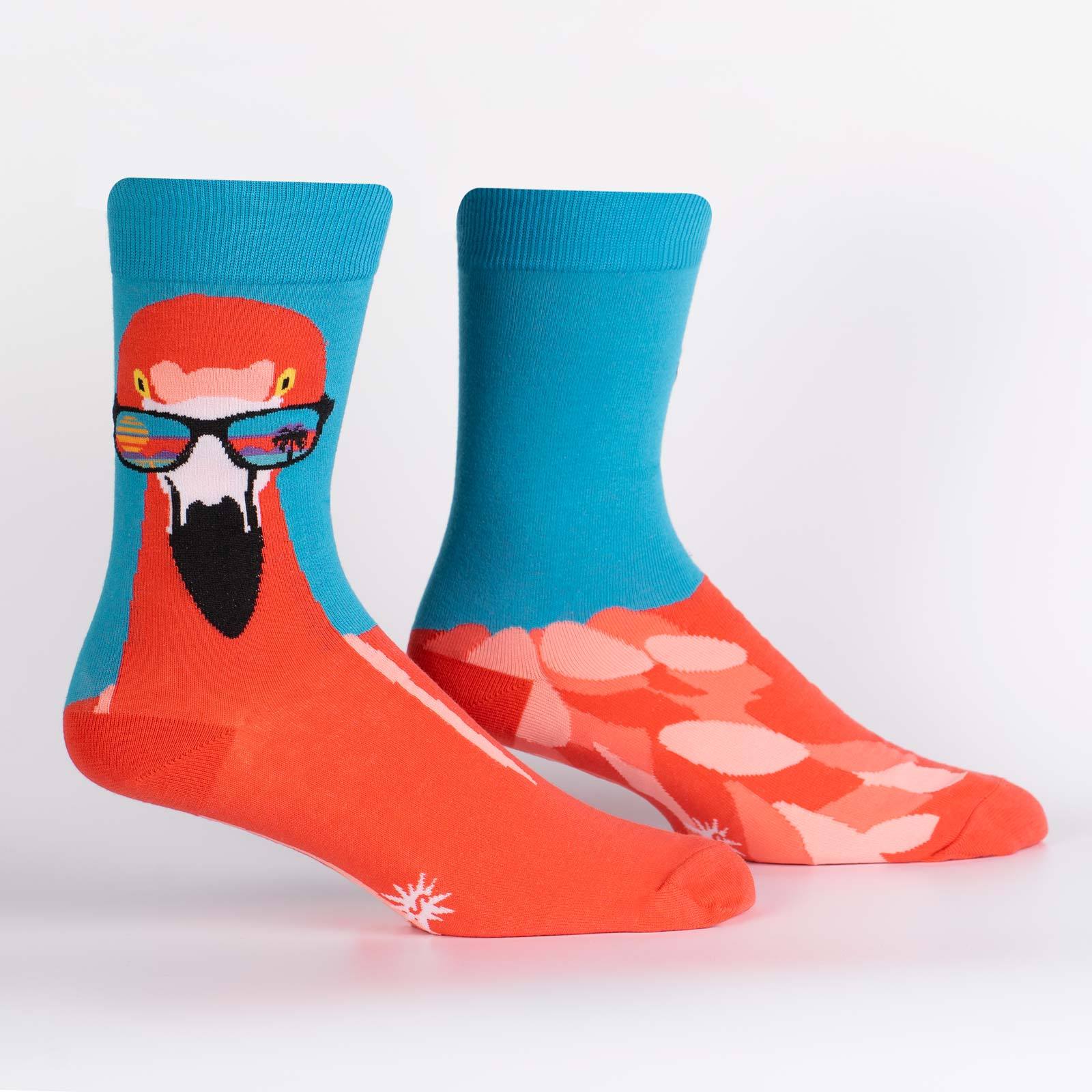 Fun Flamingo Print Men's Crew Socks - Colorful Comfortable Cotton Socks for Casual Wear, Gym & Work - Sock It To Me Ready To Flamingle