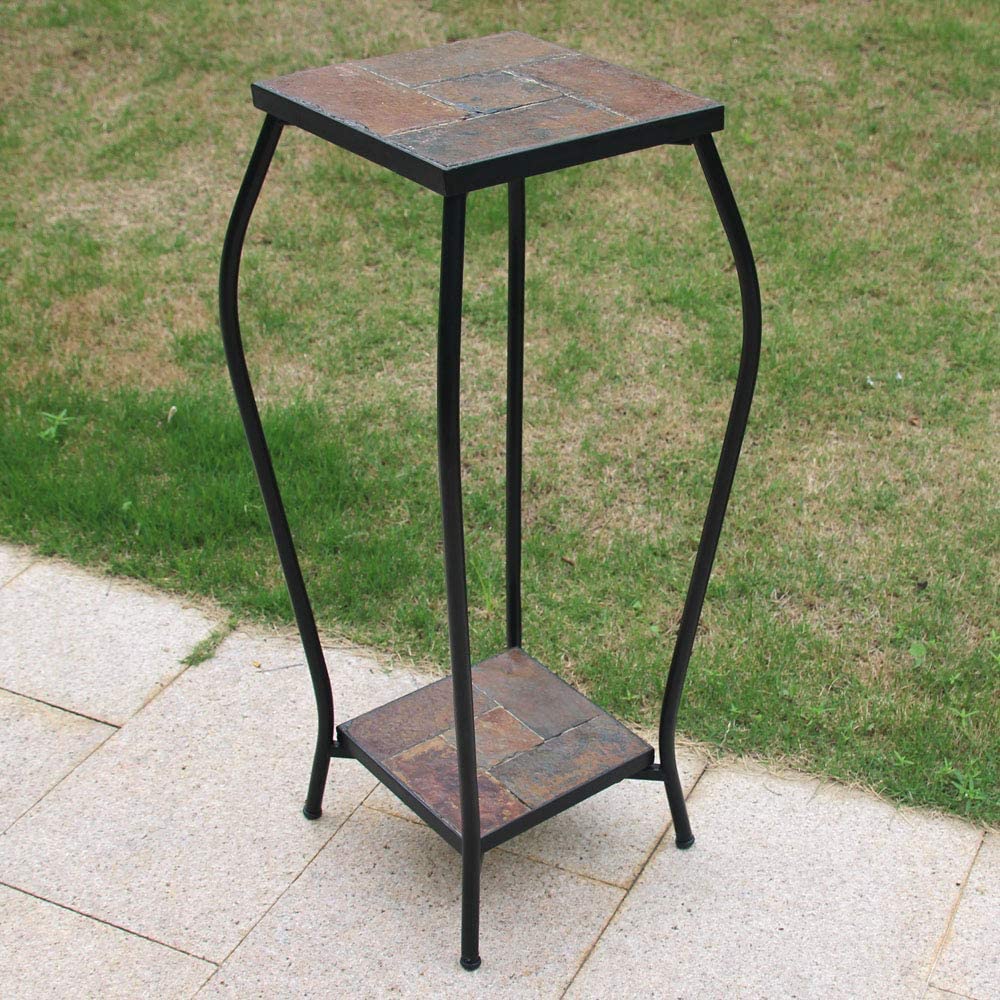 Zhongma 30 Inch Tall 2-Tier Plant Stand with Colorful Slate Top - Adjustable Leveling Feet for Indoor & Outdoor Use - Perfect for Balcony, Garden, Patio, Living Room Decor