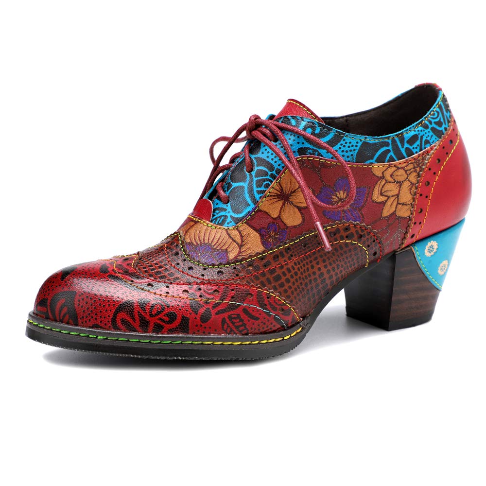 CrazycatZ Women's Vintage Leather Pumps - Colorful Oxford Dress Shoes with Floral Embroidery & Chunky Zipper - Handmade Mid Heel Shoes for Office, Wedding & Special Occasions