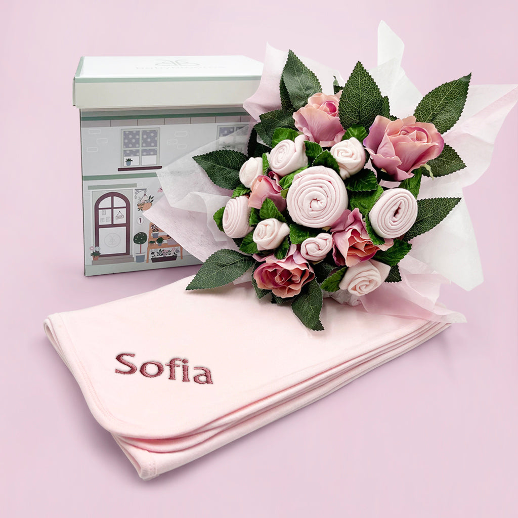 Personalized Pink Baby Clothes Bouquet with Hand-Tied Snuggle Wrap - Perfect for Baby Showers, Newborn Gifts & Gender Reveals