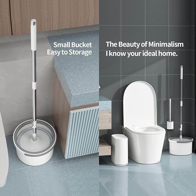 PROSFIA Self-Wringing Microfiber Spin Mop and Bucket Set with Wringer - Round Flat Floor Mop System with Dual Water Separation for Effective Floor Cleaning - Perfect for Hardwood, Tile, and Laminate Floors in Homes & Offices