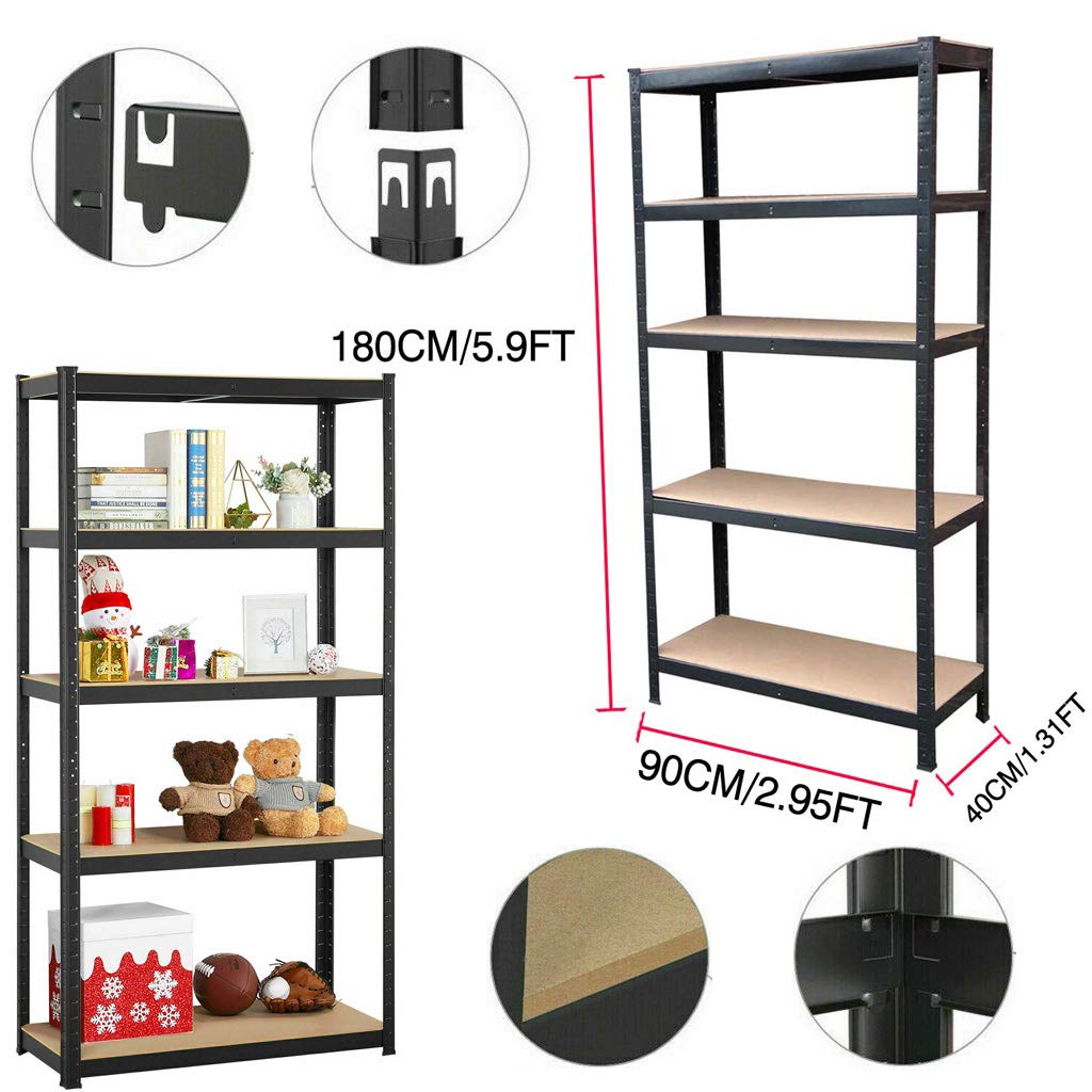 Heavy Duty 5-Tier Storage Shelves - 175KG Capacity Per Shelf, Black (180x90x40cm) - Ideal for Garage, Warehouse, Home, Kitchen & Office Organization