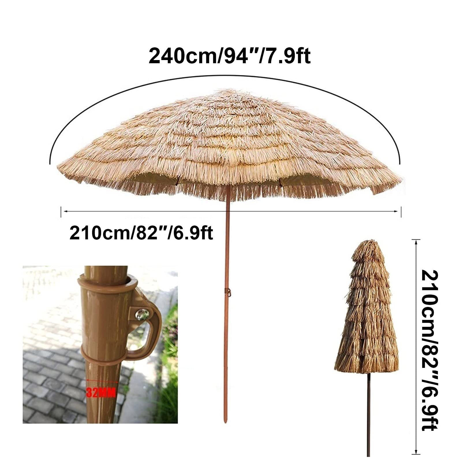 Hawaiian Beach Umbrella with 45° Tilt Pole - 94×82in Tropical Patio Umbrella for Outdoor, Garden & Poolside - Natural Straw Design Perfect for Backyard, Resort & Beach Parties