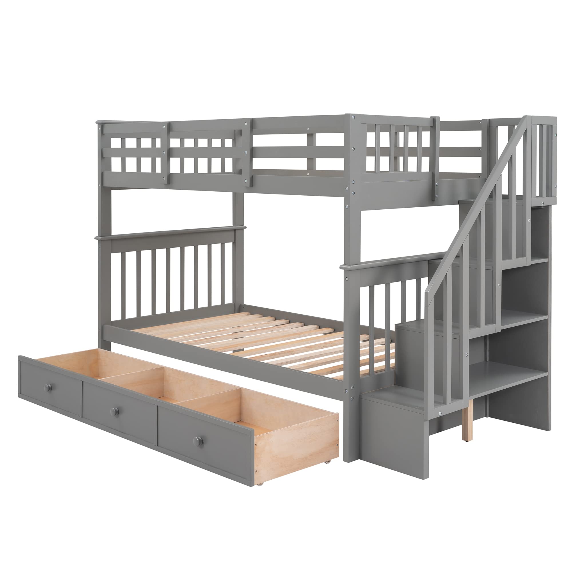 Twin Over Twin Bunk Bed with Storage Drawers & Stairs - Grey for Kids' Bedroom