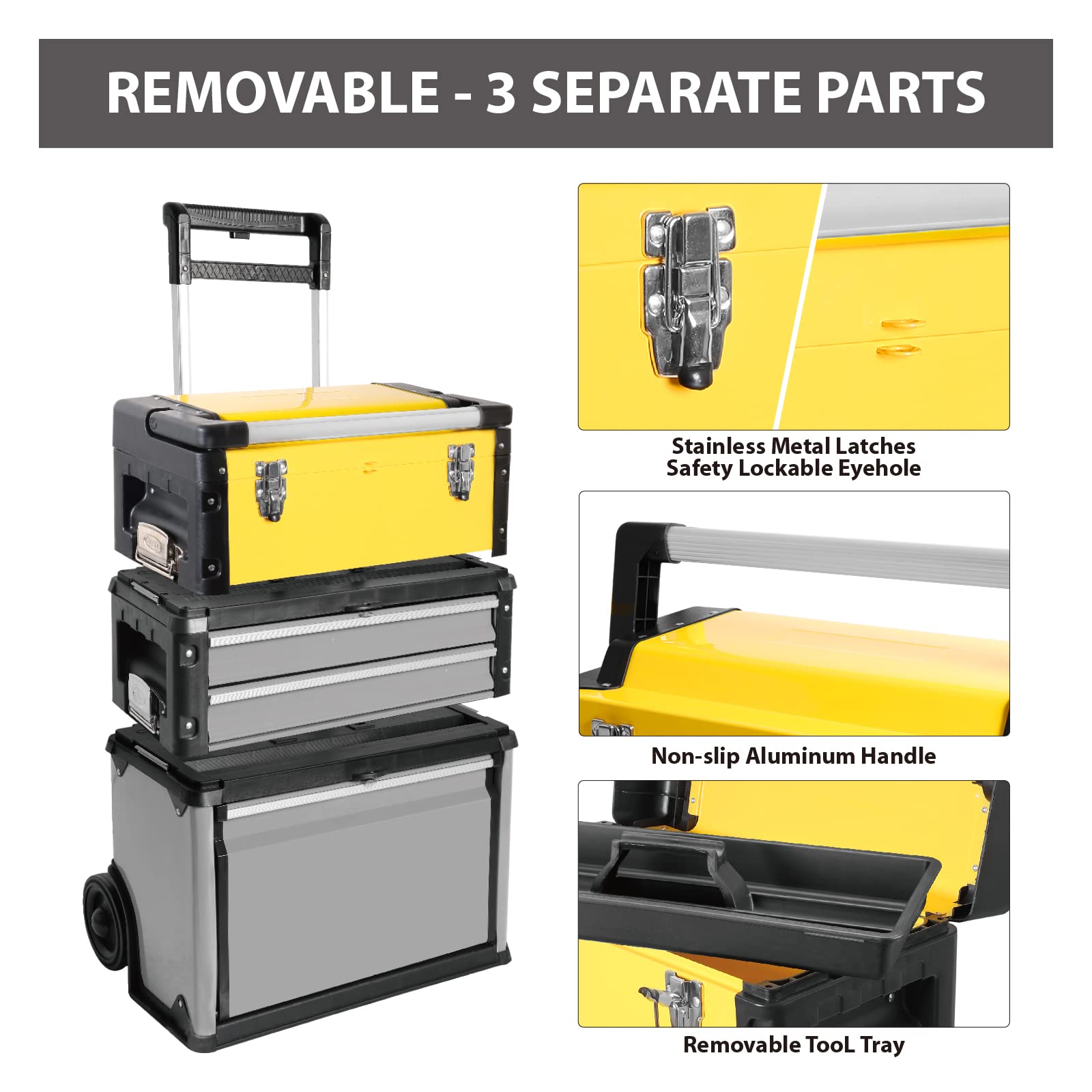 BIG RED Stackable Portable Metal Tool Box Organizer with Wheels & 2 Drawers - Heavy Duty Rolling Upright Trolley Tool Chest for Garage, Workshop, or Job Site - Yellow (ATRJF-C305ABDYR) - Perfect for Mechanics, DIY Enthusiasts & Professional Contractors