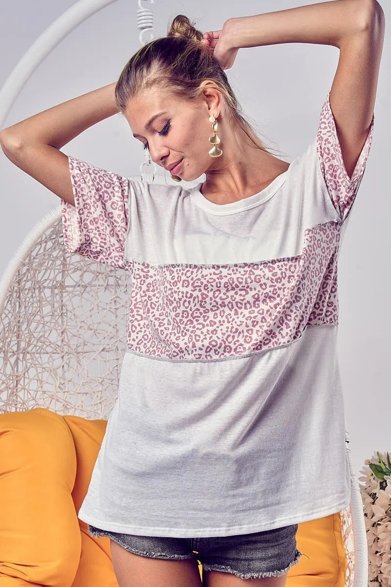 BiBi Triblend Knit Sweater with Leopard Print Block Stitching - Cozy Casual Wear for Women's Fall Fashion