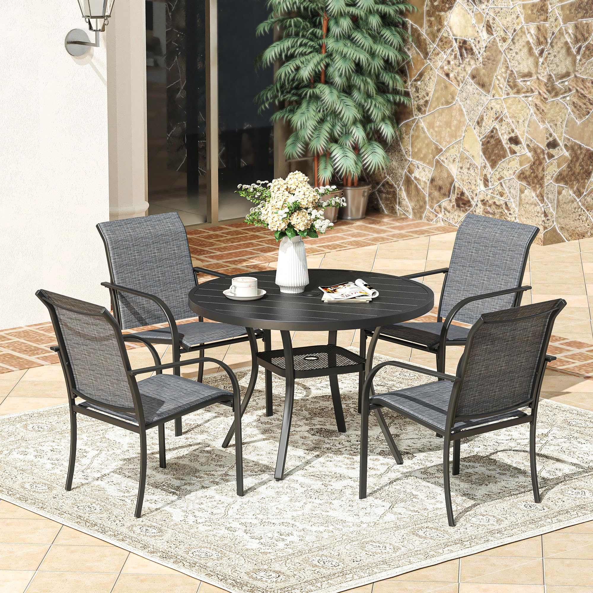 VICLLAX 41 Inch Round Outdoor Dining Table with Umbrella Hole - Durable Metal Patio Table for Garden, Backyard, Porch - Perfect for Outdoor Entertaining & Family Gatherings (Black)