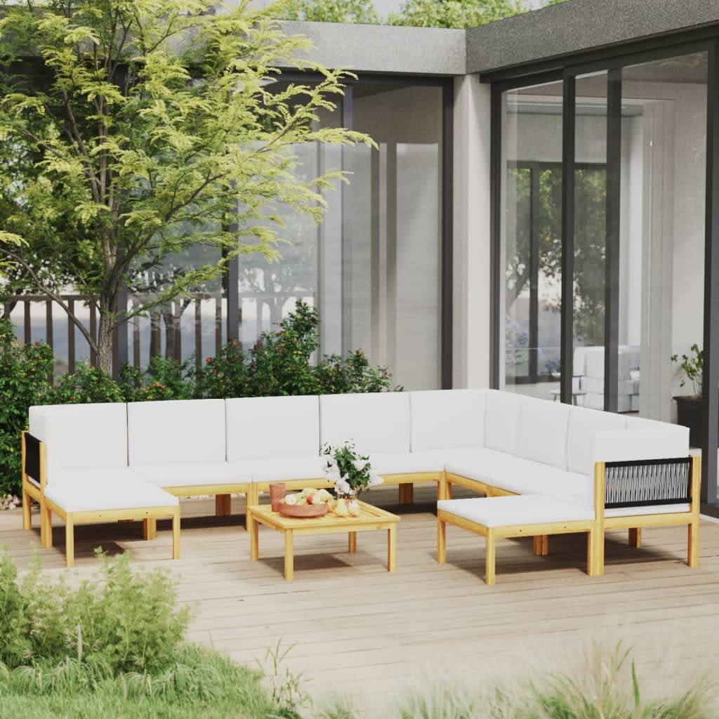 11-Piece Patio Lounge Set with Cushions - Cream Solid Acacia Wood Furniture (219 lbs) - Perfect for Outdoor Relaxation, Backyard, Garden & Poolside