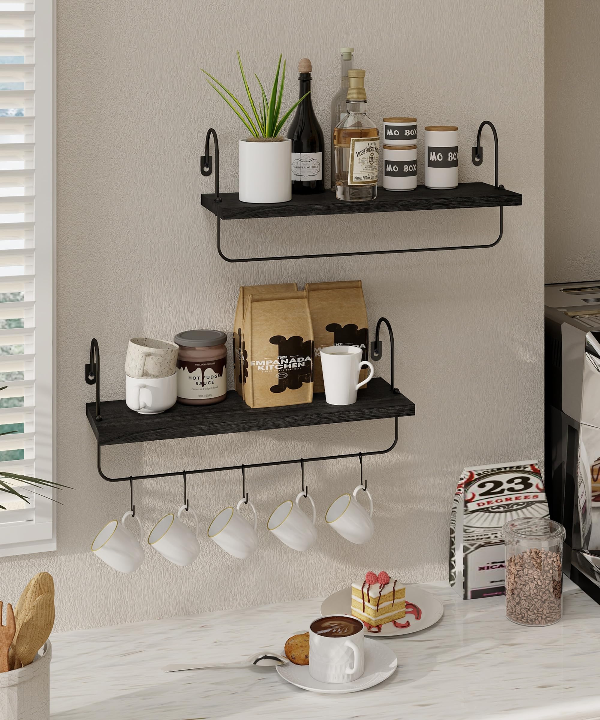 Farmhouse Style Wall Mount Coffee Mug Holder - Rustic Cup Organizer with Hooks for Coffee Pods Storage, Black - Perfect for Kitchen Decor & Coffee Bar Accessories (Ideal for Small Spaces & Coffee Station Organization)