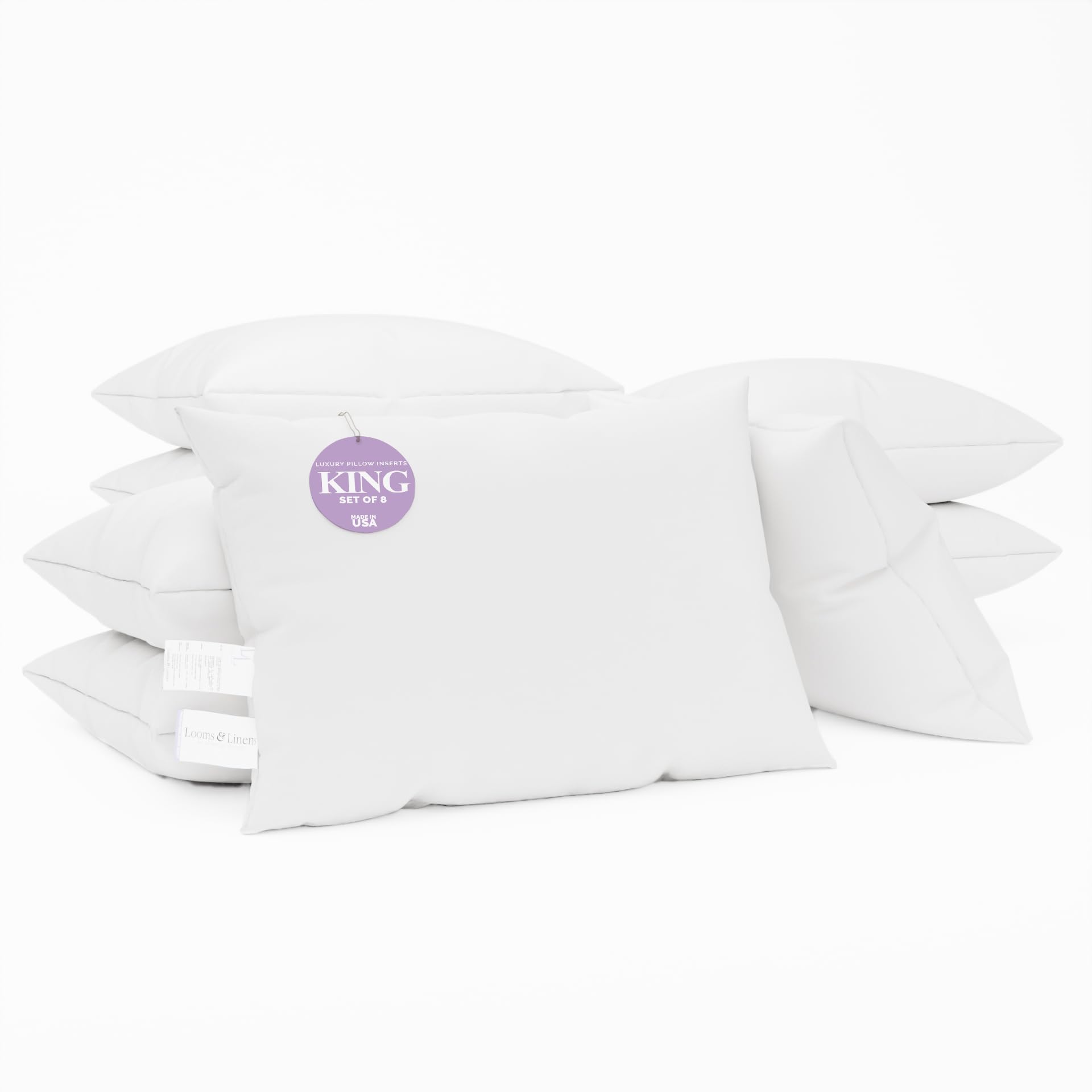 Premium King Size Bed Pillows 20x36 Inch - Made in USA, Hypoallergenic Sleeping Pillow Insert by Looms & Linens - Pack of 8 for Side Sleepers, Back Sleepers & Stomach Sleepers - Perfect for Hotels, Guest Rooms & Home Bedrooms