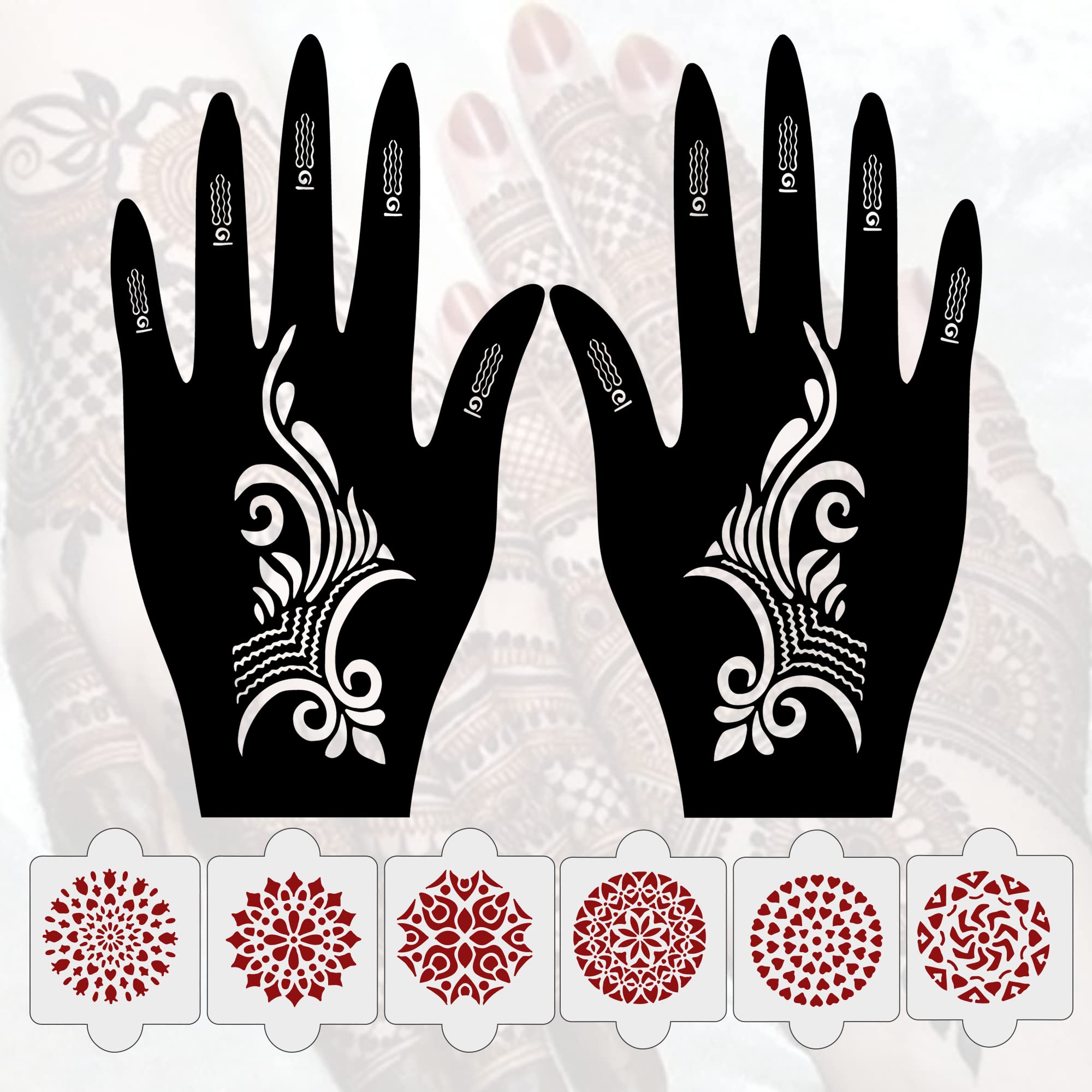 8-Piece Henna Tattoo Stencil Kit (2 Henna Stencils + 6 Reusable PVC Laser-Cut Stencils) - Full Hand Mehndi Designs for Women, Girls & Kids - Easy Application for Parties, Weddings & Festivals - IVH-10