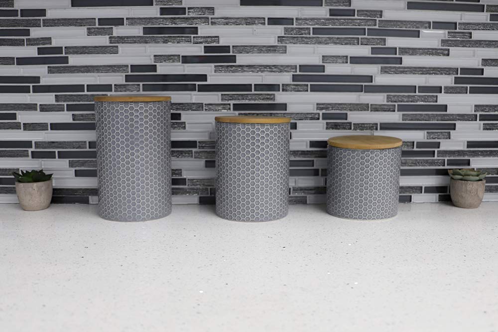 Modern Honeycomb Design Kitchen Canister Set with Bamboo Lid - Grey | Airtight Storage for Dry Food, Baking Staples, Snacks | Perfect for Countertop Organization & Pantry Storage
