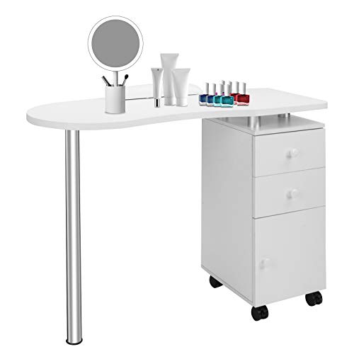 Professional Rolling Nail Art Table with 2 Drawers & Cabinet - Portable Manicure Station for Salon & Home Use - White Wooden Beauty Technician Workstation - Perfect for Nail Salons, Spa Treatments & Mobile Nail Services