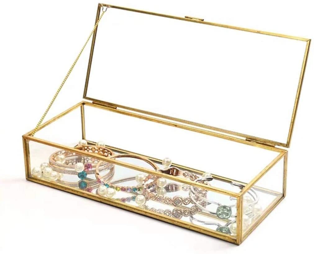 Elegant Brass & Glass Jewelry Organizer Box - Dustproof Desktop Jewelry Storage for Necklaces, Earrings & Rings - Perfect for Dresser, Vanity & Travel Jewelry Display (Color: B)