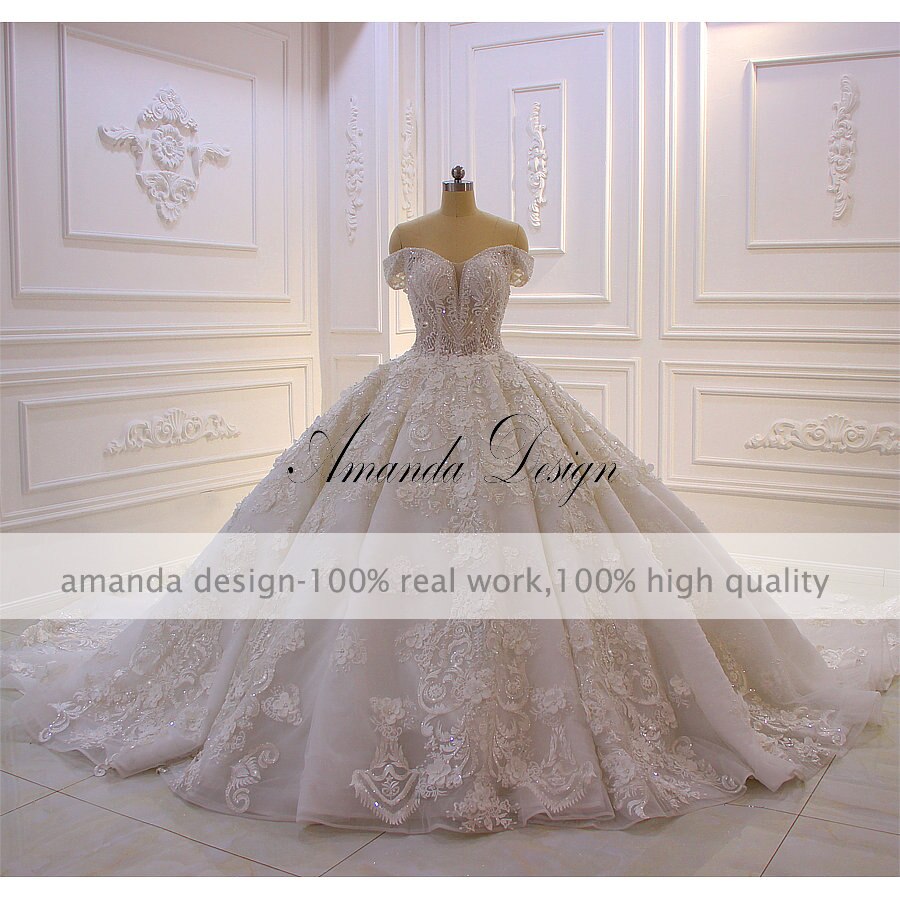 Off Shoulder Short Sleeve Lace Applique 3D Flower Luxury Wedding Dress - Elegant Bridal Gown for Beach, Garden & Church Ceremonies