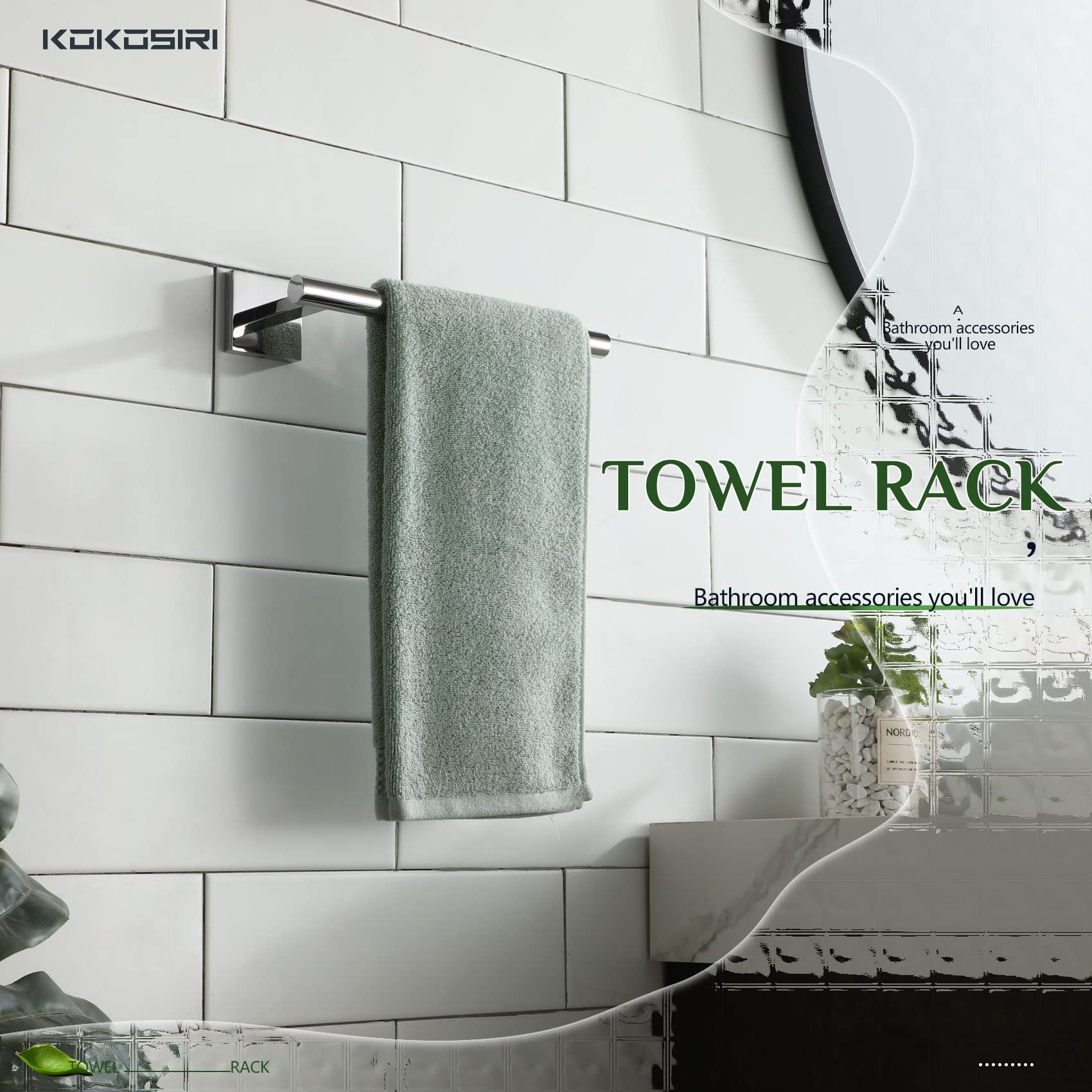 KOKOSIRI Chrome Towel Bar - Stainless Steel Wall Mounted Bathroom Towel Holder, Kitchen Paper Roll Holder for Toilet Cabinet - Polished B3008CH - Perfect for Modern Bathrooms & Kitchens