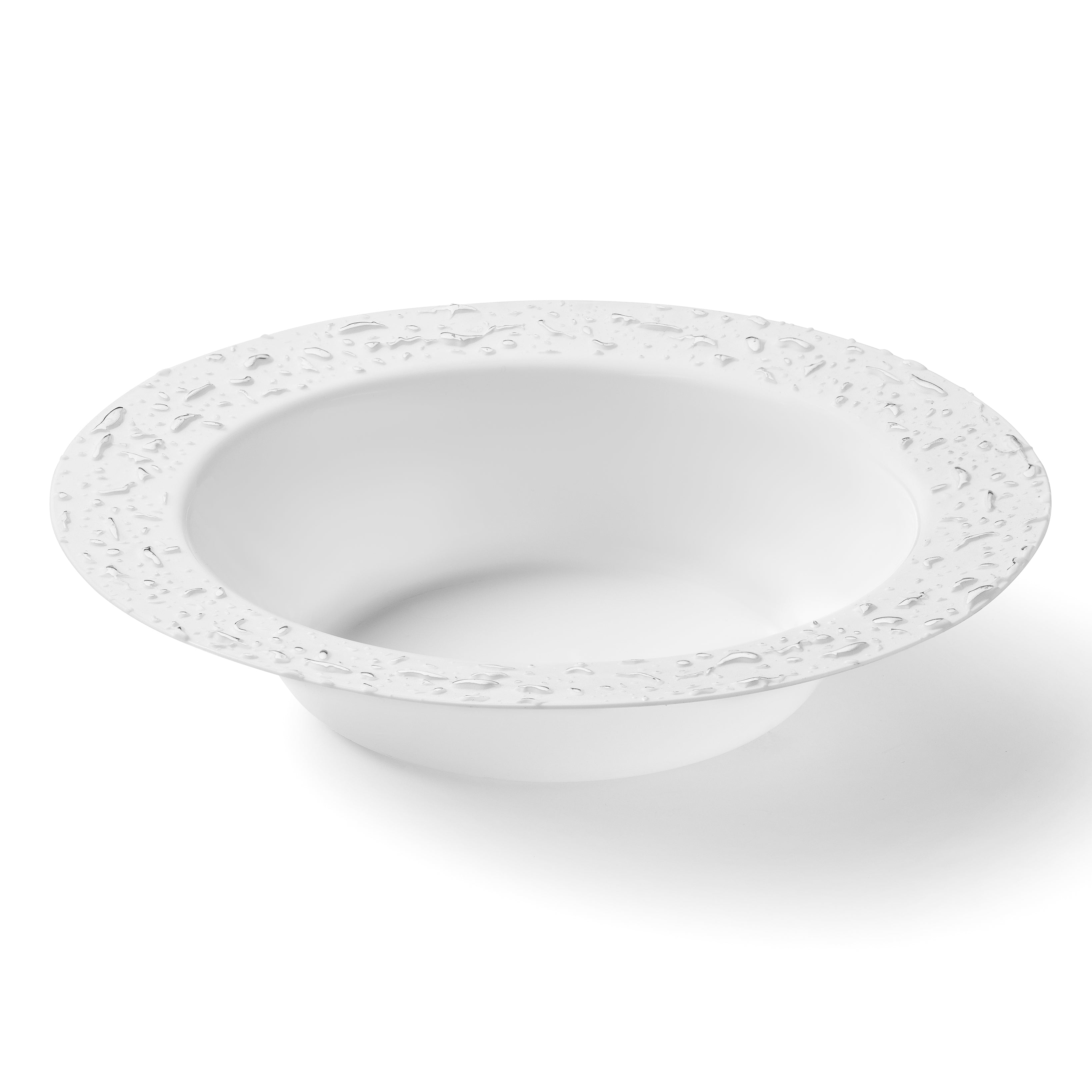 32-Pack White and Silver Round Plastic Soup/Dessert Plates Set for 16 Guests - Elegant Pebbled Texture - Perfect for Parties, Weddings, and Catering Events