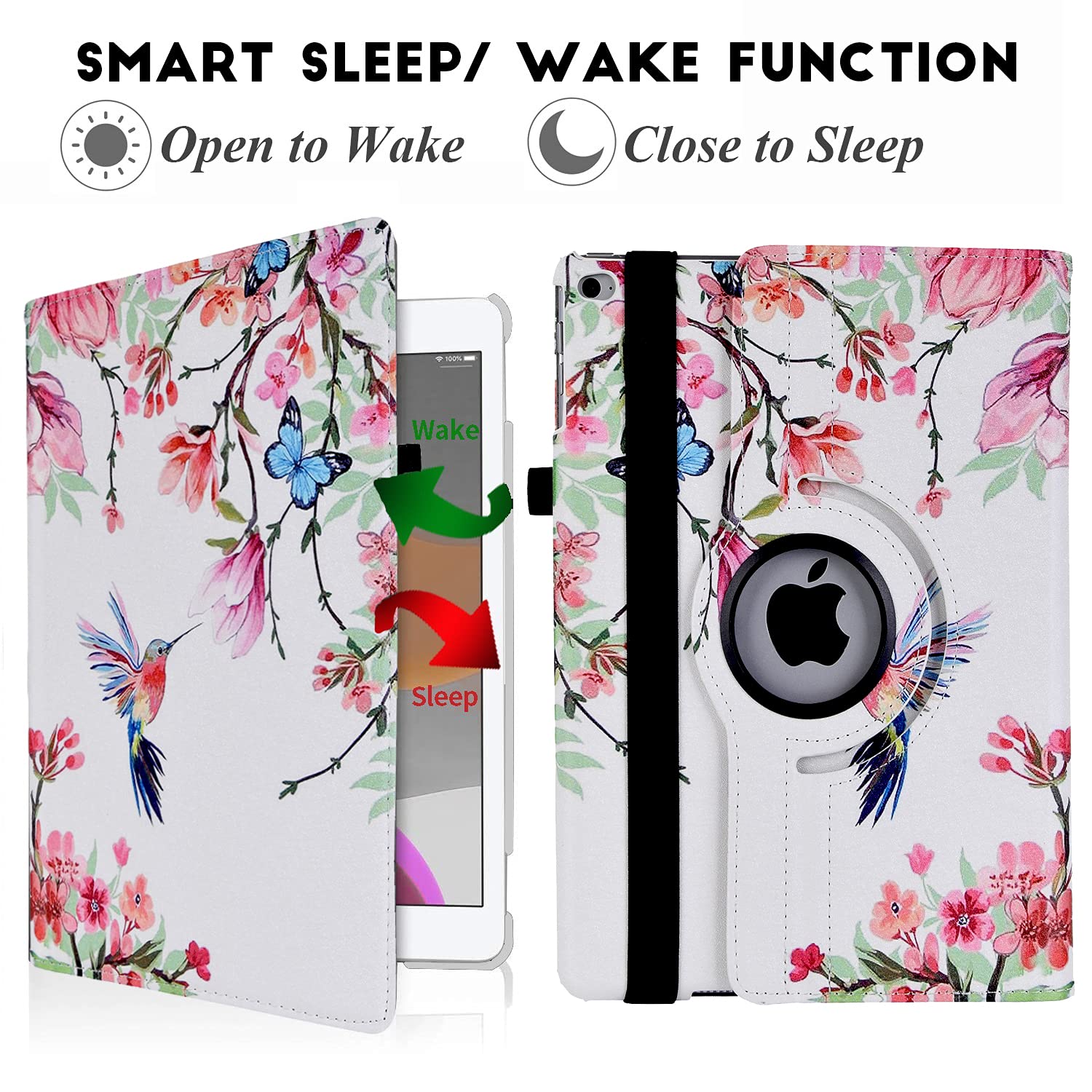 360° Rotating Protective Case for iPad 9.7 Inch (6th/5th Gen) & iPad Air 2 - Auto Sleep/Wake Cover with Stand | Flower Hummingbird Design | Perfect for Work, Study & Travel