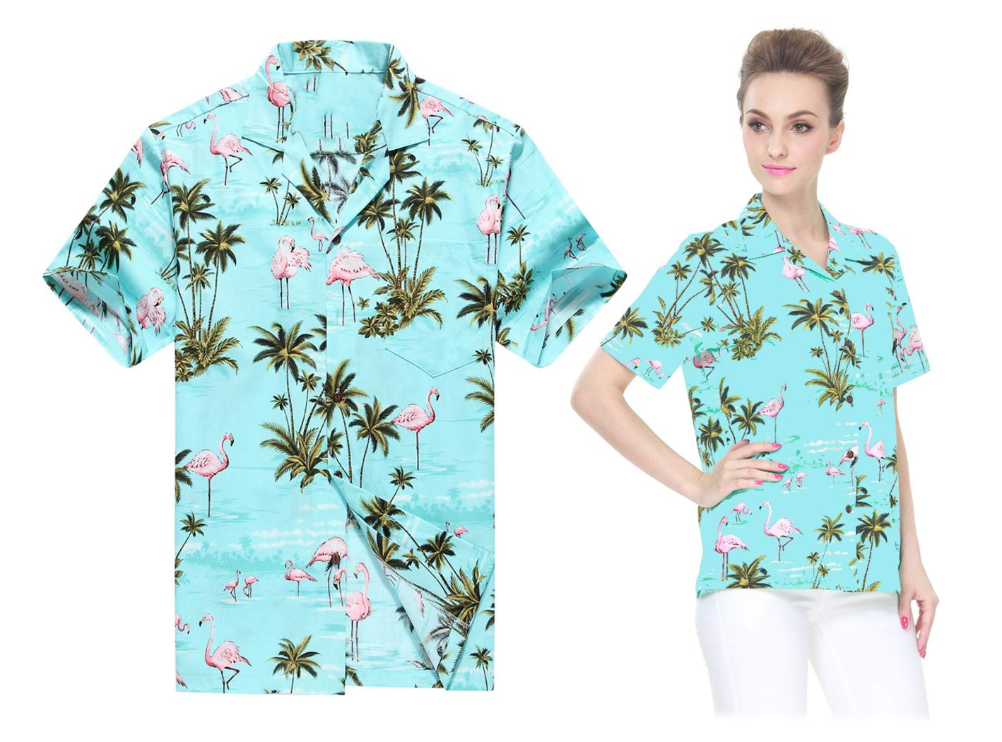 Hawaiian Couple Matching Aloha Shirts - Pink Flamingo Print Turquoise Luau Shirts for Men & Women | Beach Vacation, Summer Party, Hawaiian Theme Wedding Attire