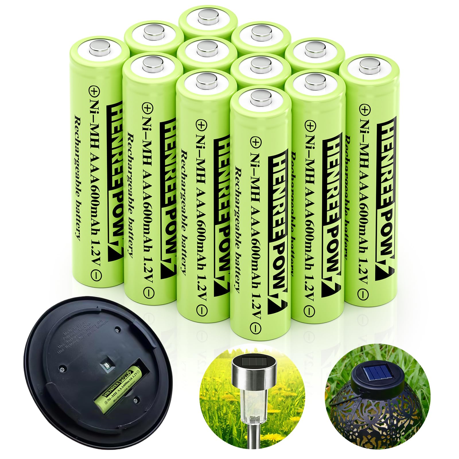 Henreepow AAA Rechargeable Batteries 12-Pack - 1.2V Ni-MH Solar Batteries with Low Self-Discharge, Pre-Charged for Solar Pathway Lights, Outdoor Solar Lights (600mAh) - Perfect for Garden Lighting, Landscape Illumination & Emergency Power Backup