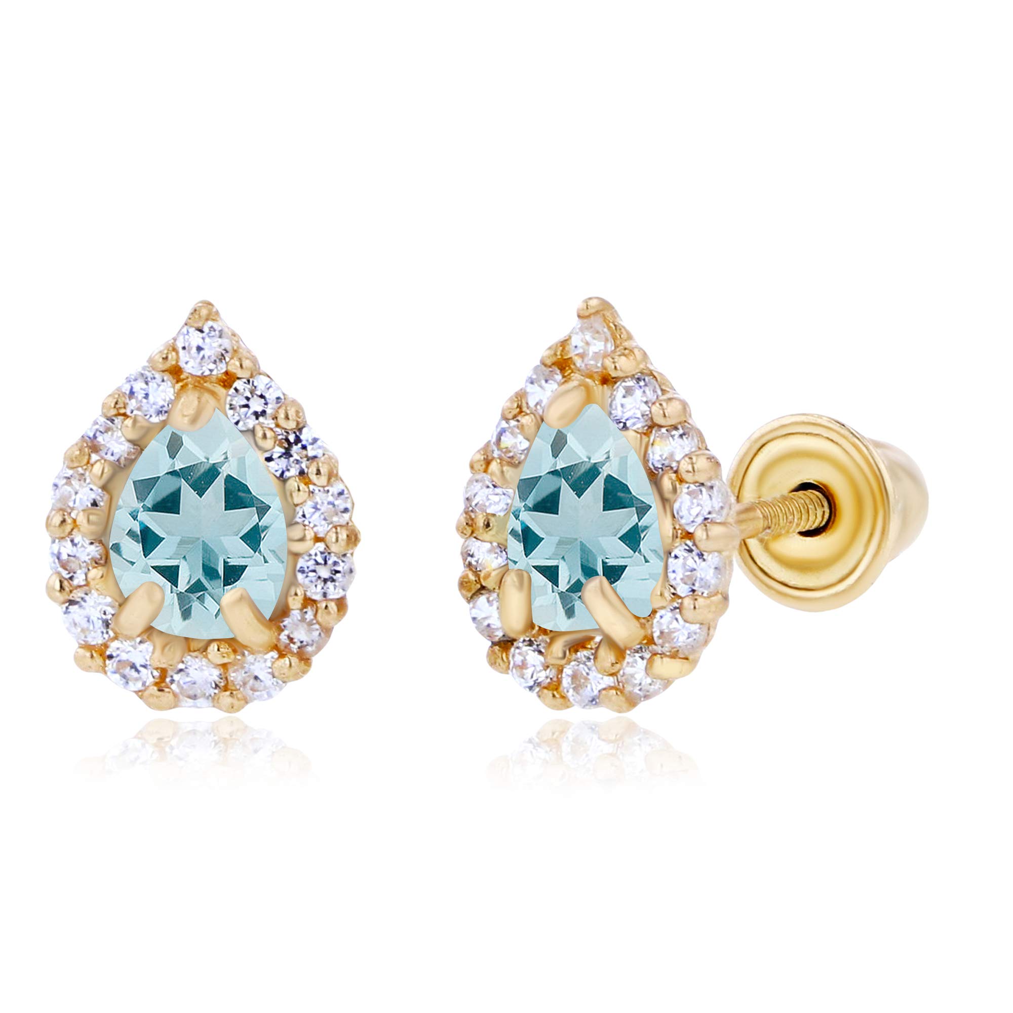 14K Solid Gold Pear Shaped Stud Earrings for Women - 7x5mm Natural Birthstone & 4x3mm Pear Cut with 1mm Created White Sapphire Halo Screwback Earrings | Perfect for Weddings, Anniversaries, Birthdays and Everyday Elegant Wear