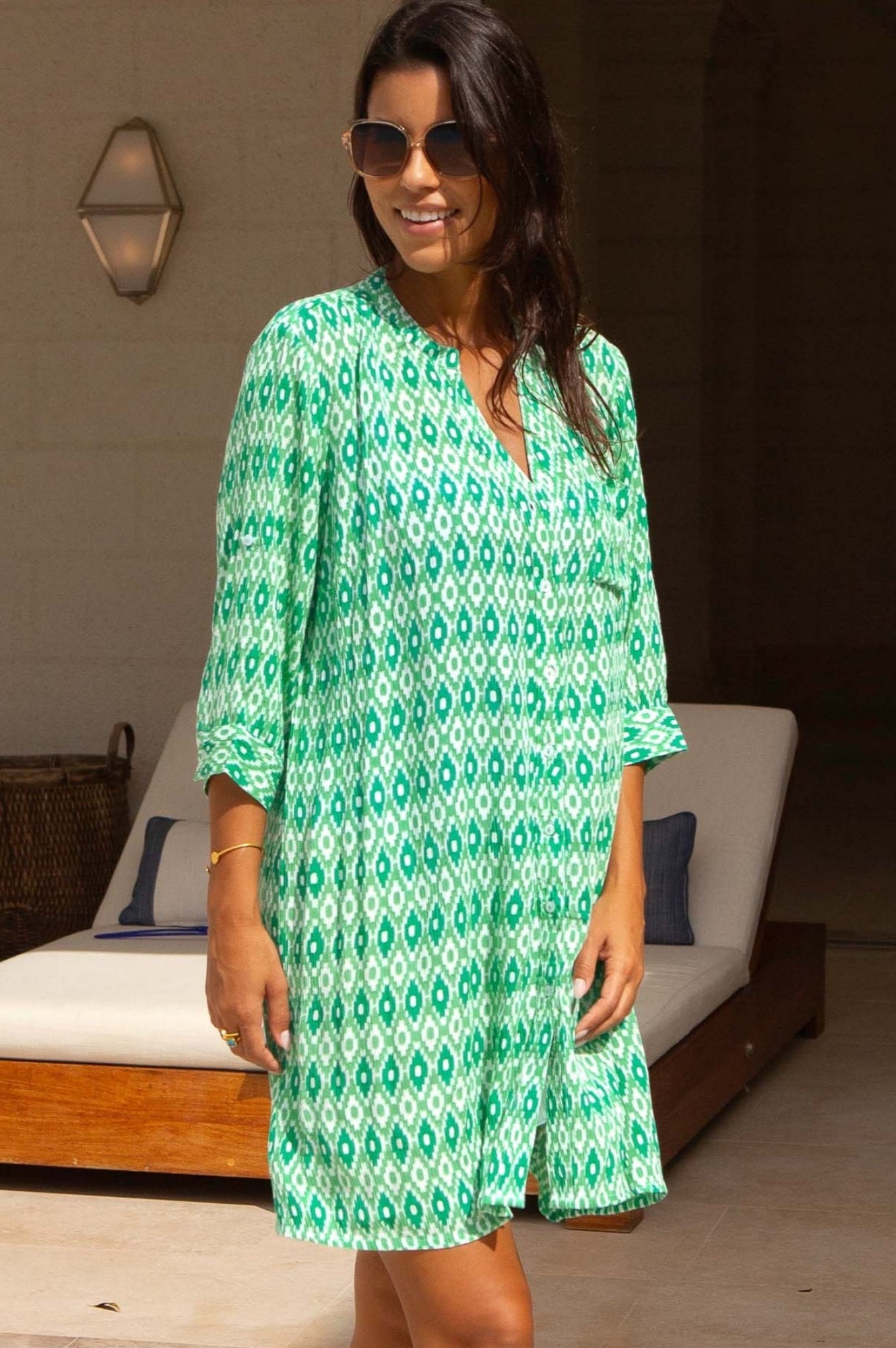 Mila Shirt Tunic for Women - Aztec Green & White Bohemian Style Blouse - Perfect for Casual Outings, Workwear & Summer Vacations