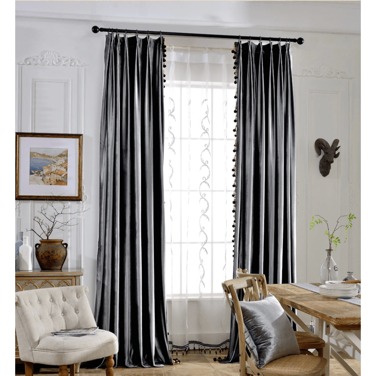 Luxury Blackout Velvet Curtains with Tassel Trim - Charcoal Gray for Bedroom & Living Room Window Treatment