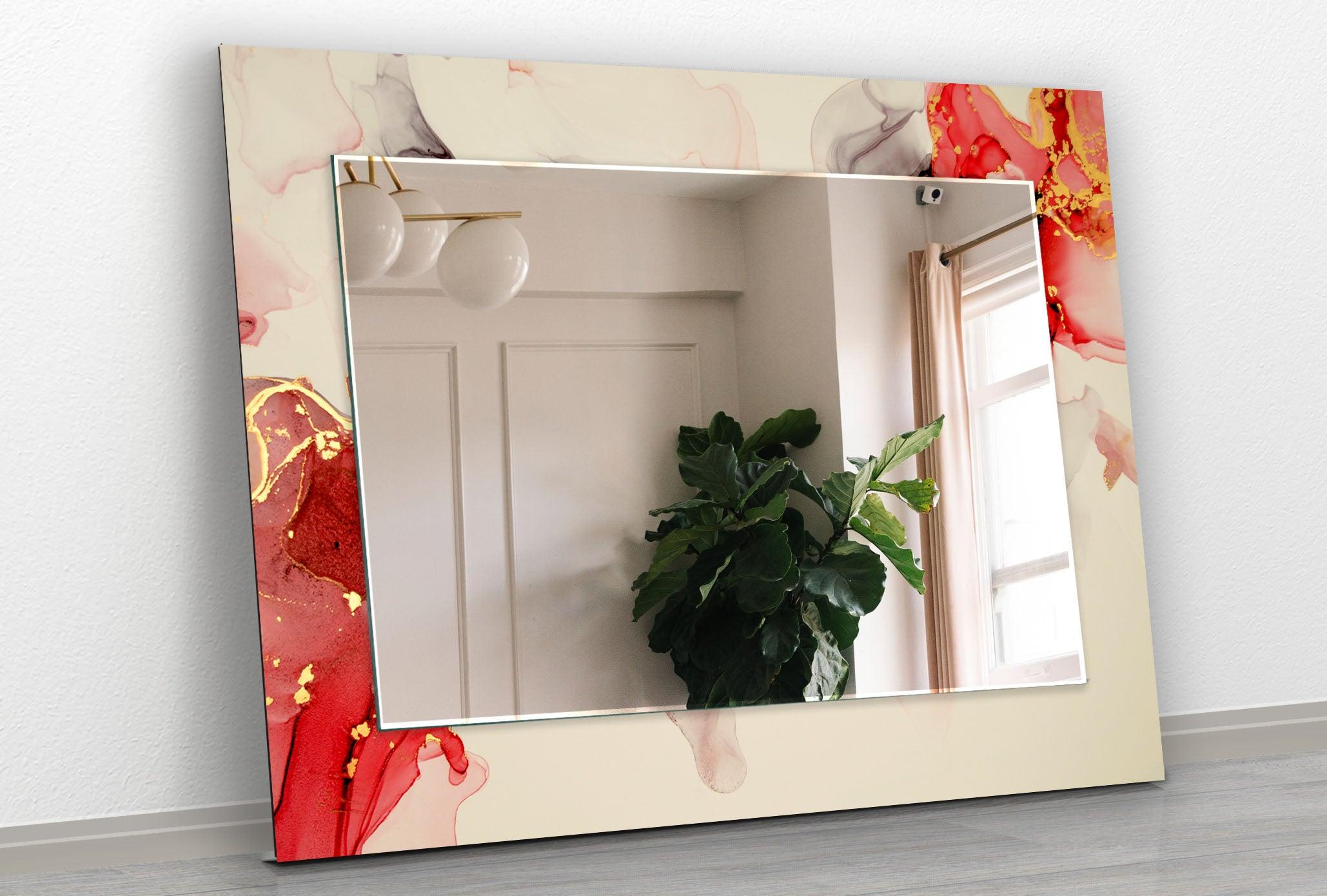 Beige and Gold Accent Wall Mirror with Red Details - Elegant Home Decor for Living Room, Bedroom, or Entryway