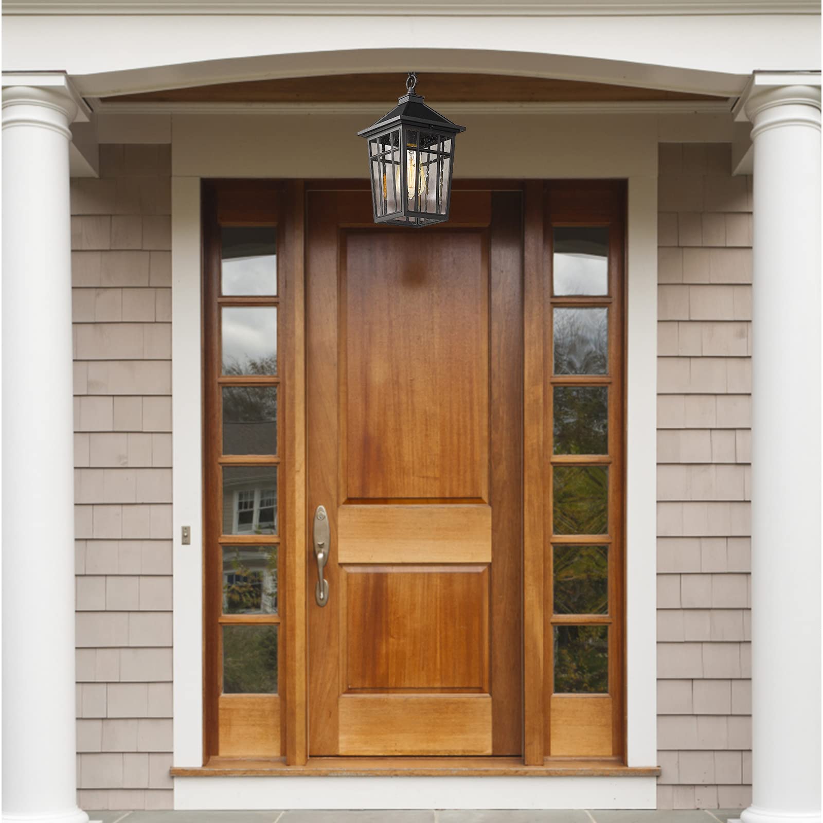 Darkaway Outdoor Pendant Light Fixture - Waterproof Rust-Resistant Aluminum Hanging Light with Seeded Glass for Porch, Entryway, Doorway - Farmhouse Black Style - Perfect for Patio, Deck, Garden & Outdoor Dining Areas