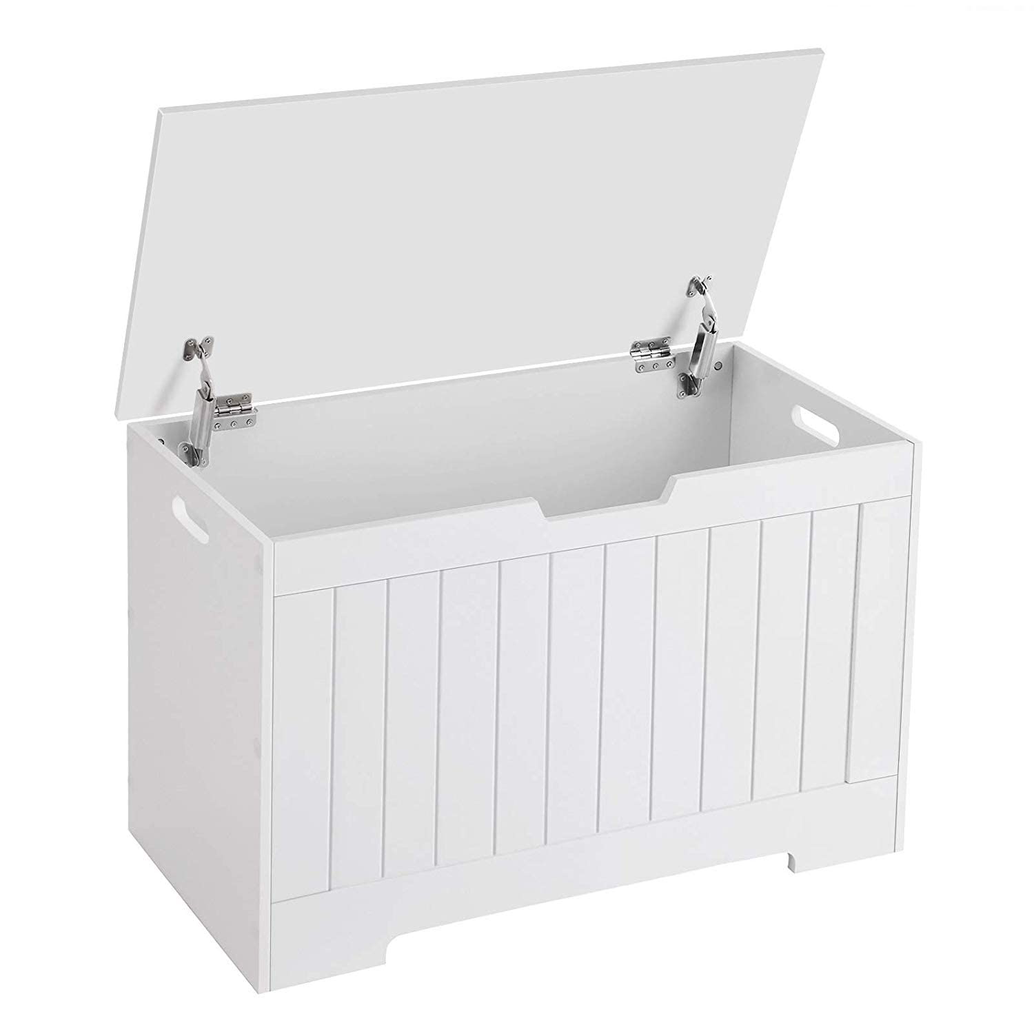 White Lift Top Entryway Storage Bench with 2 Safety Hinges - Wooden Toy Box & Shoe Organizer for Hallway, Living Room & Bedroom - Perfect for Entryway Seating & Kids' Toy Storage