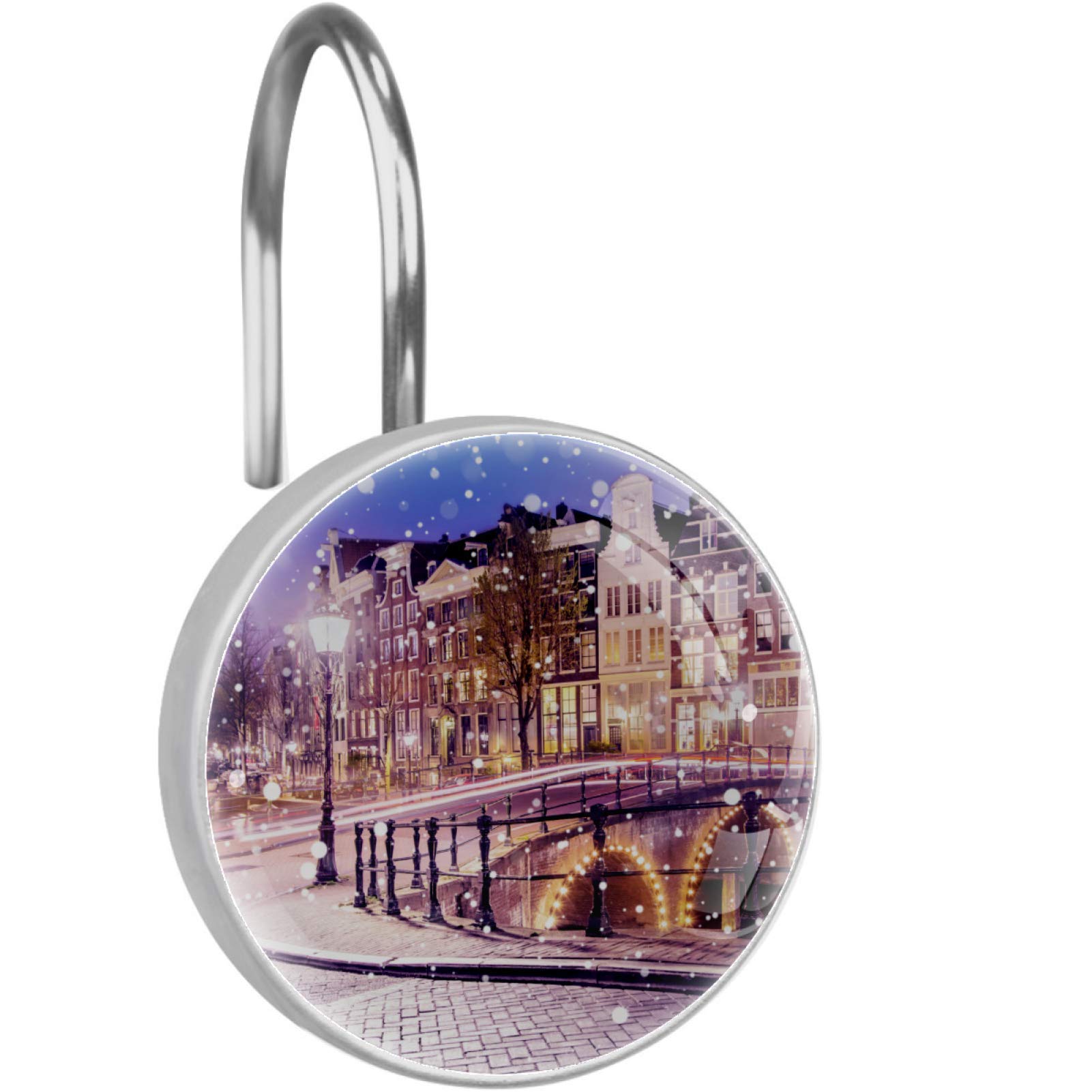 Nigel Shower Curtain Hooks - 12 Pack Rustproof Metal Hooks with Amsterdam Old Dutch Houses & Canals Design for Bathroom Decor | Perfect for Vintage Style Bathrooms, Guest Baths & Airbnb Rentals