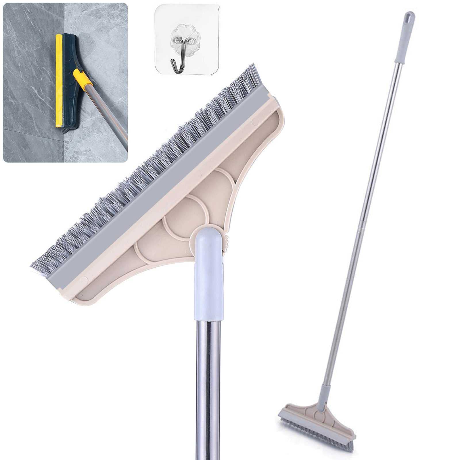 2 in 1 Floor Scrub Brush with Long Handle - Stiff Bristle Grout & Tile Cleaning Brush with 120° Rotating Head & Squeegee - V-Shape Scraper for Bathroom, Kitchen & Hard Floor Cleaning - Perfect for Grout, Tile & Vinyl Floors