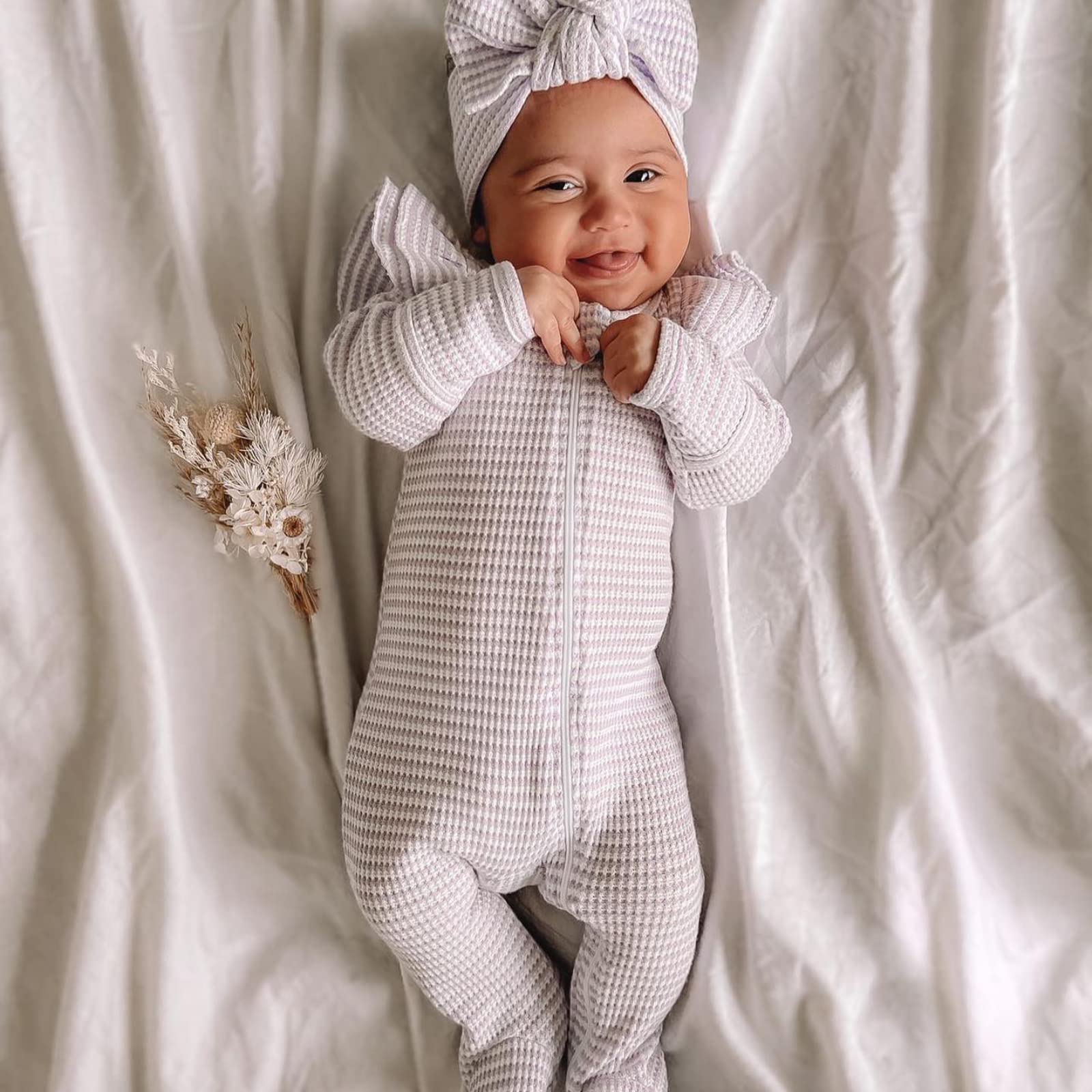 BemeyourBBs Newborn Baby Girl Clothes - Soft Ruffle Zipper Footie Romper Playsuit with Matching Headband | Cute Outfit for Infants 0-12 Months | Perfect for Playtime, Photo Shoots & Special Occasions