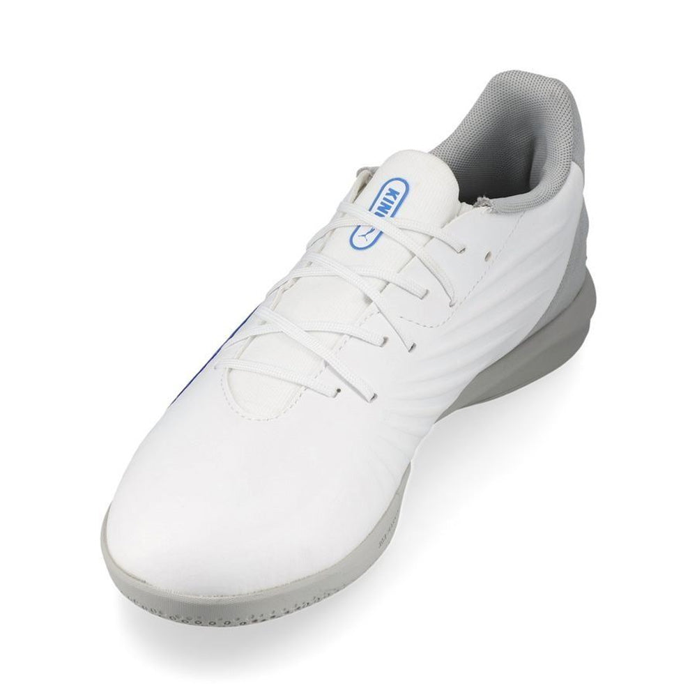 Puma King Match IT Junior Indoor Soccer Shoes for Kids - White/Bluemazing/Light Grey | Perfect for Indoor Football Training & Games