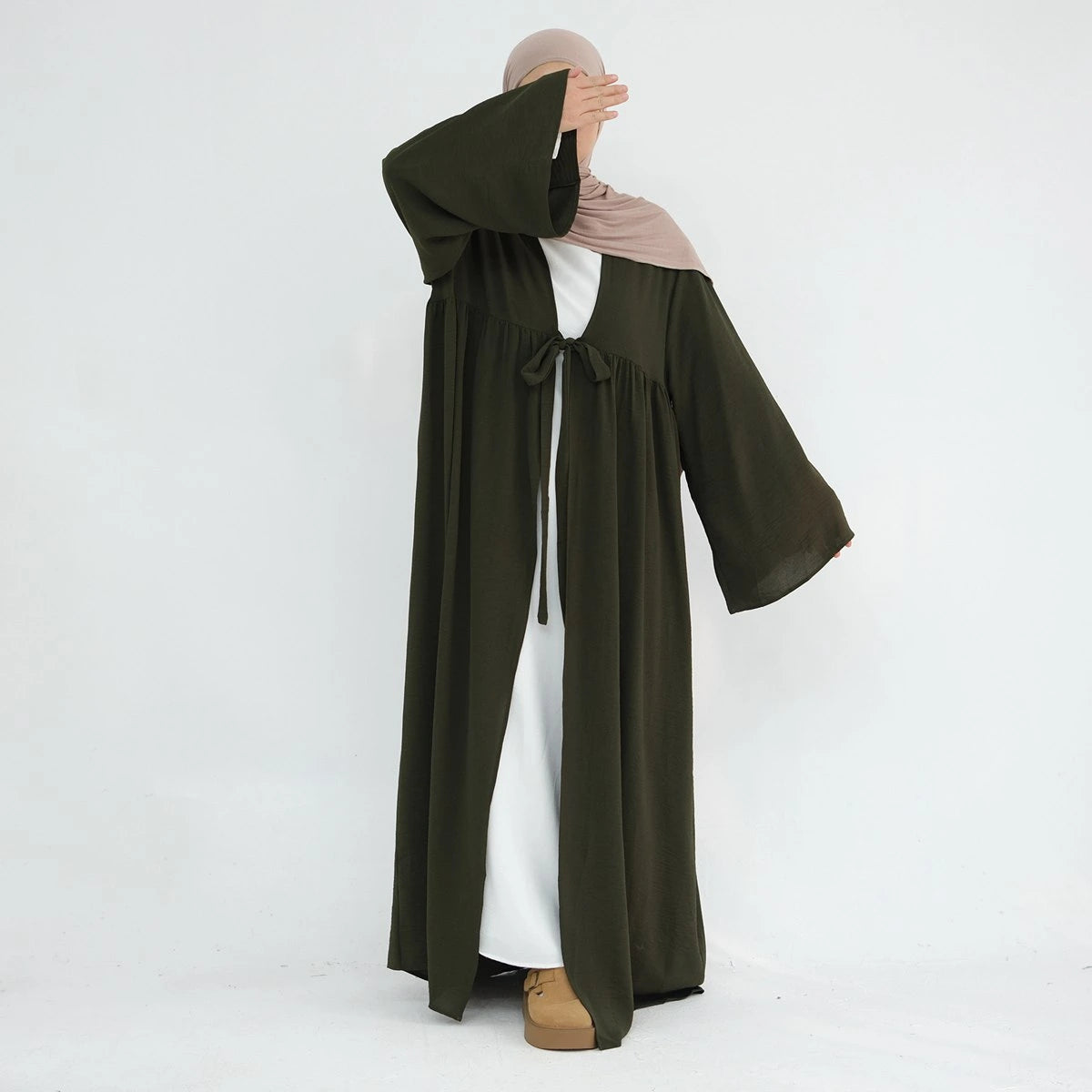Elegant Lace-Up Crepe Open Abaya Dress #24896 - Modest Muslim Fashion for Women, Perfect for Prayer, Weddings & Special Occasions