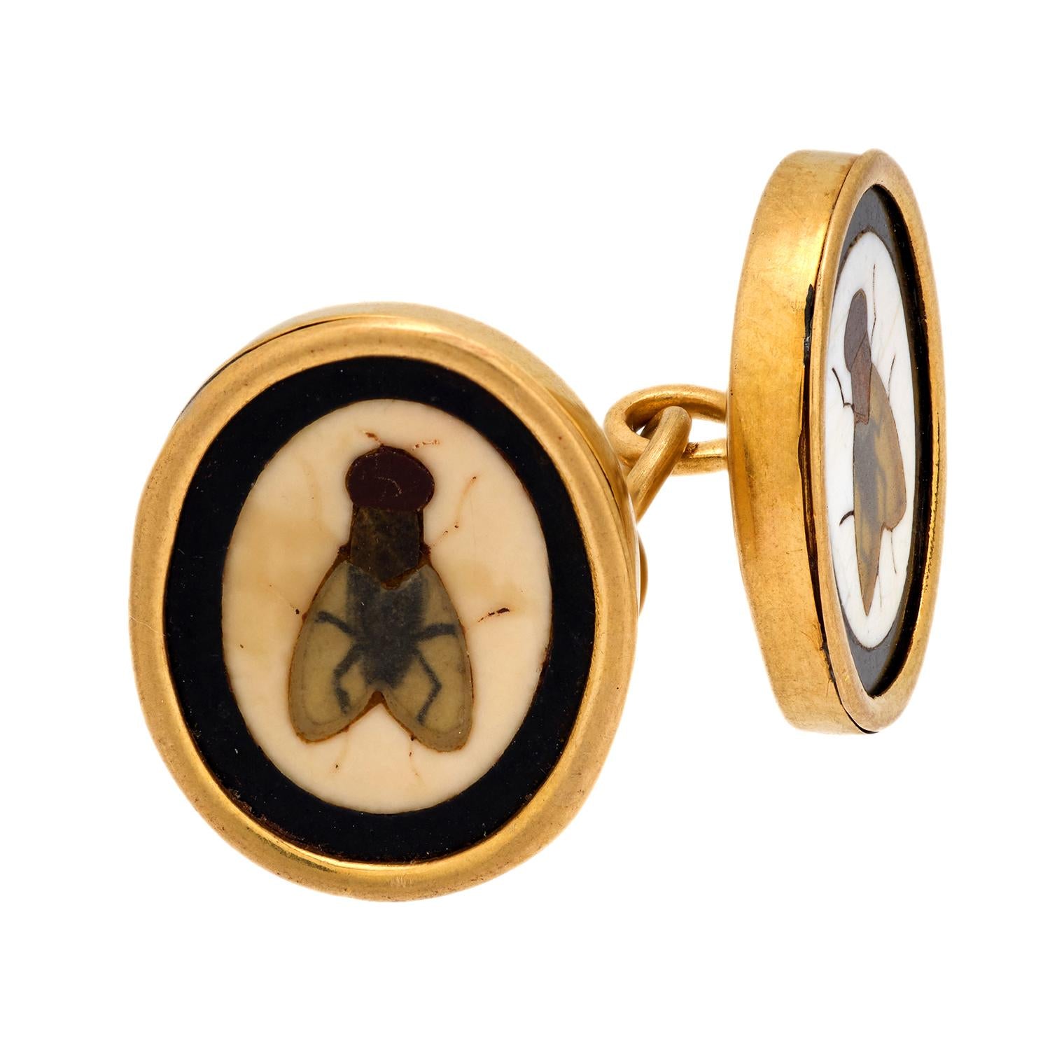 Exquisite Victorian 18K Gold Pietra Dura Fly Motif Cufflinks for Men - Luxury Jewelry Gift for Weddings, Business & Formal Occasions