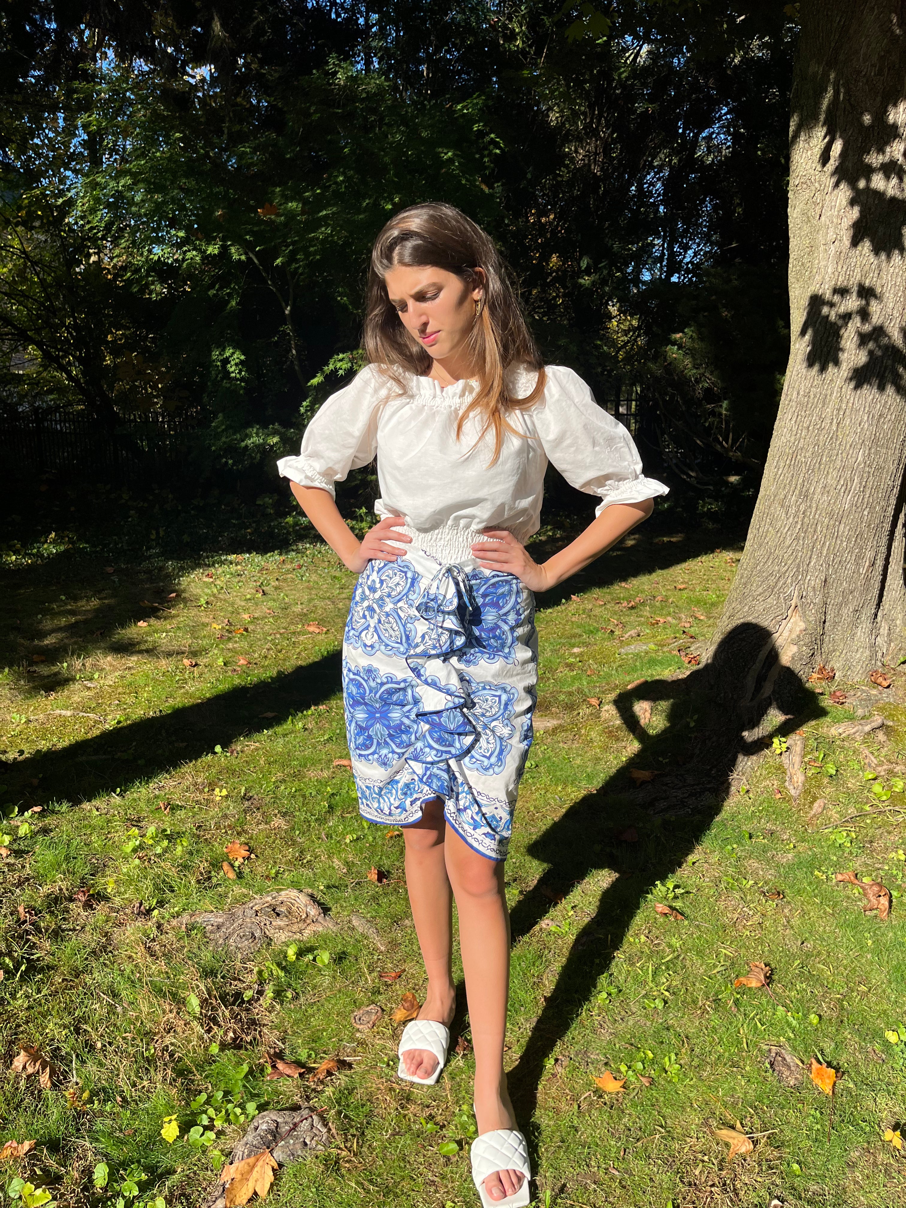 Stylish Blue and White Ruffle Skirt for Women - Summer Floral Print A-Line Skirt - Perfect for Beach, Party & Casual Outfits