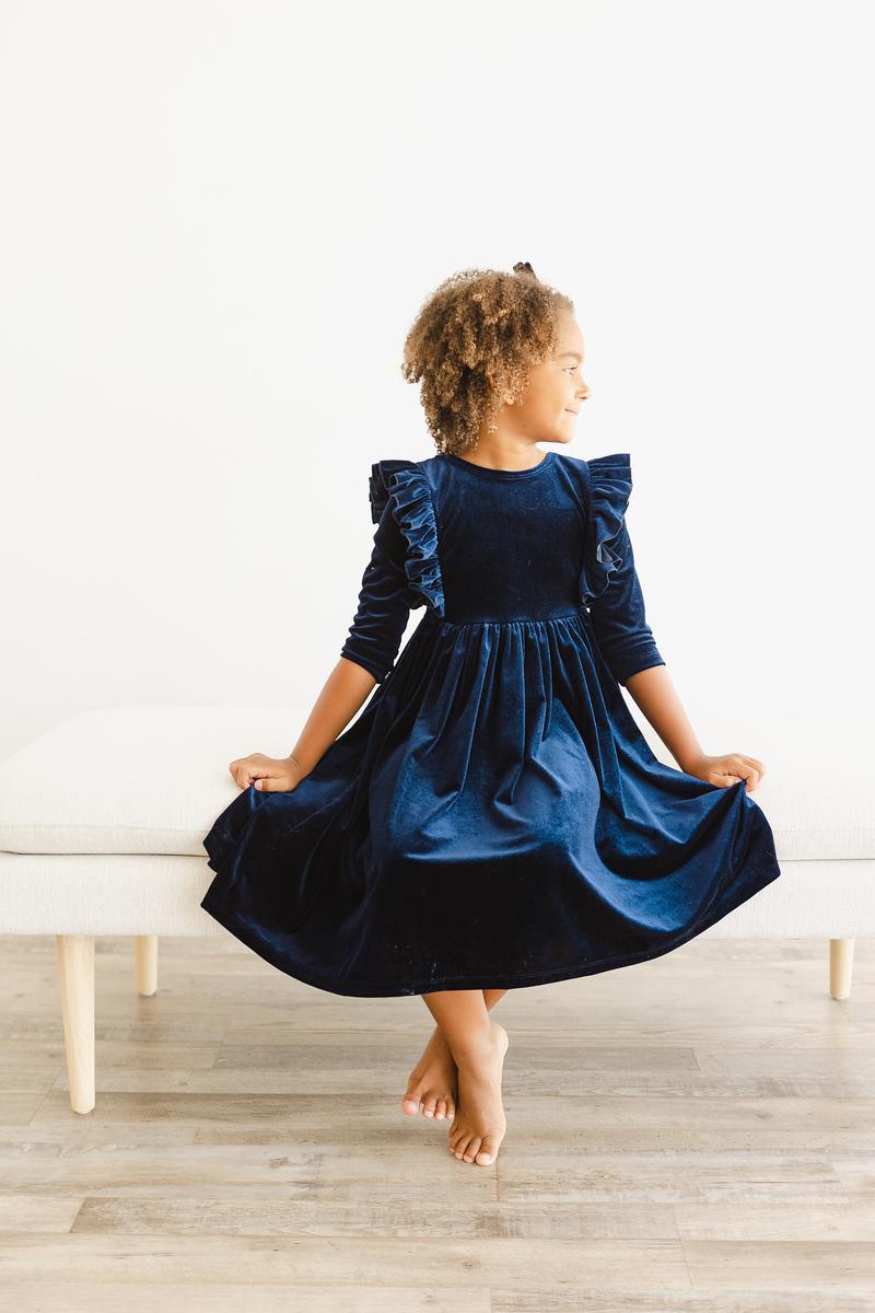 Navy Blue Velvet Ruffle Twirl Dress for Girls | Elegant Party Dress for Weddings, Holidays & Special Occasions
