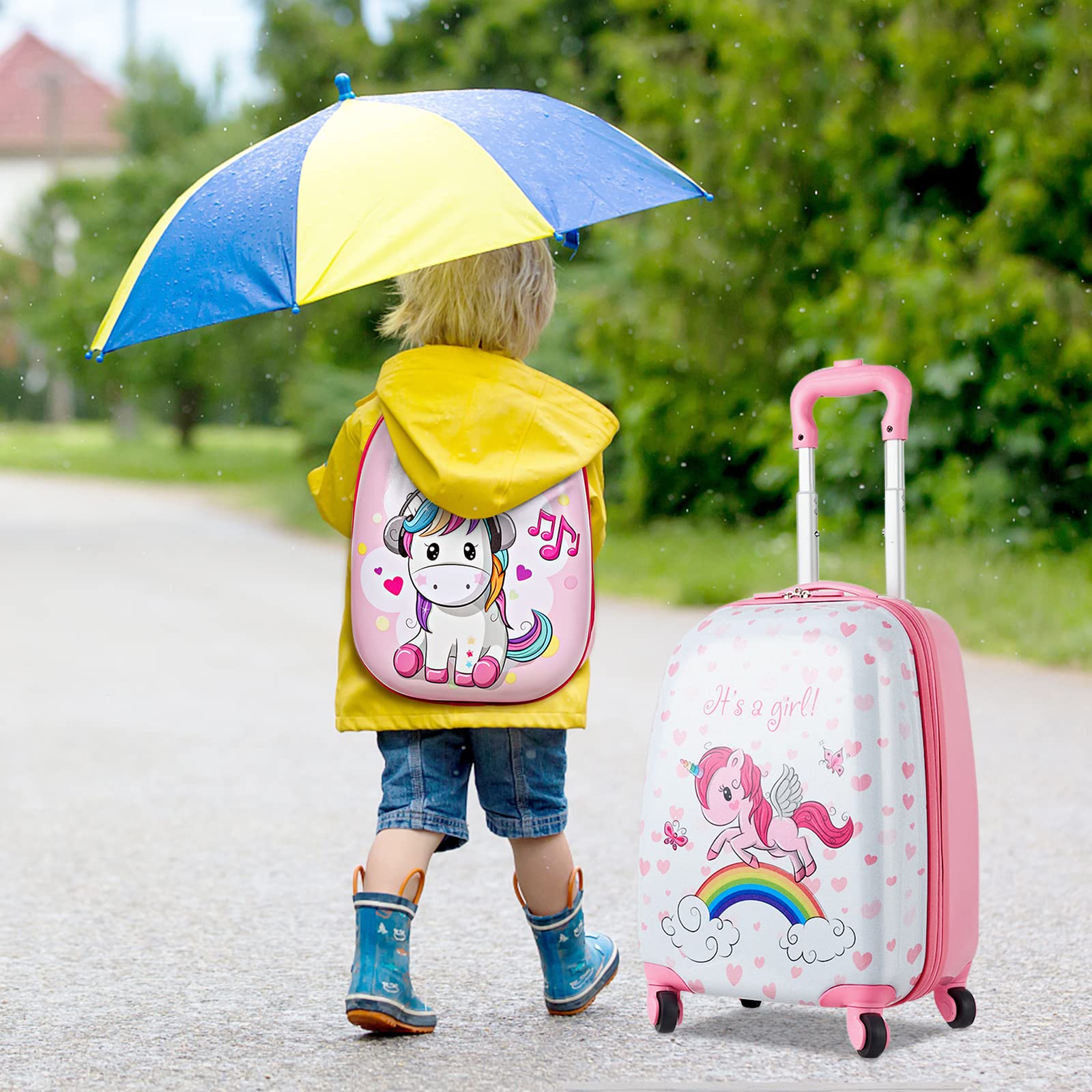 Olakids 12’’ Kids Travel Backpack & 16’’ Wheeled Carry-On Suitcase Set for Boys & Girls - 2-Piece Spinner Luggage with Wheels | Perfect for Airplane Trips, Family Vacations & School Travel (Unicorn Design)