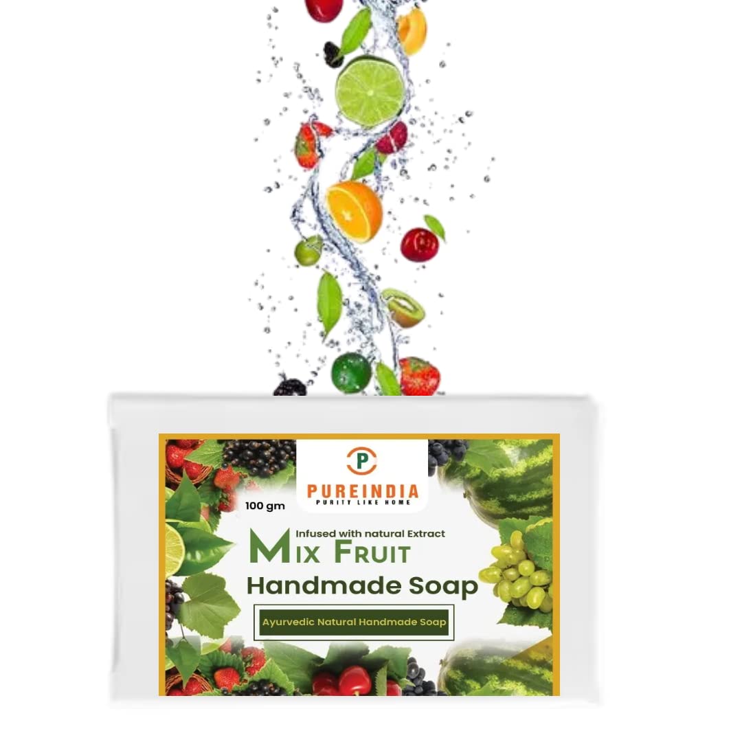 Pureindia Handmade Mixed Fruit Bathing Bar with Essential Oils - 3 Pack (100g Each) | Refreshing & Exfoliating Soap for Dry Skin | Perfect for Shower, Spa & Gift Giving