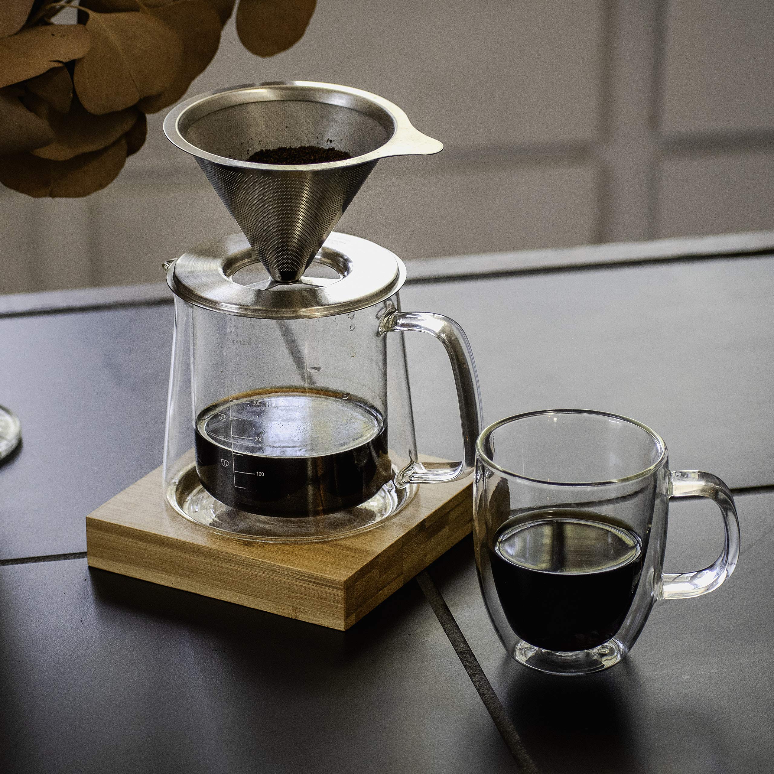 BTaT Pour Over Coffee Maker Set - 16 oz Double Wall Glass Drip Coffee Brewer with Permanent Filter, Manual Coffee Dripper for Home, Office & Camping Use